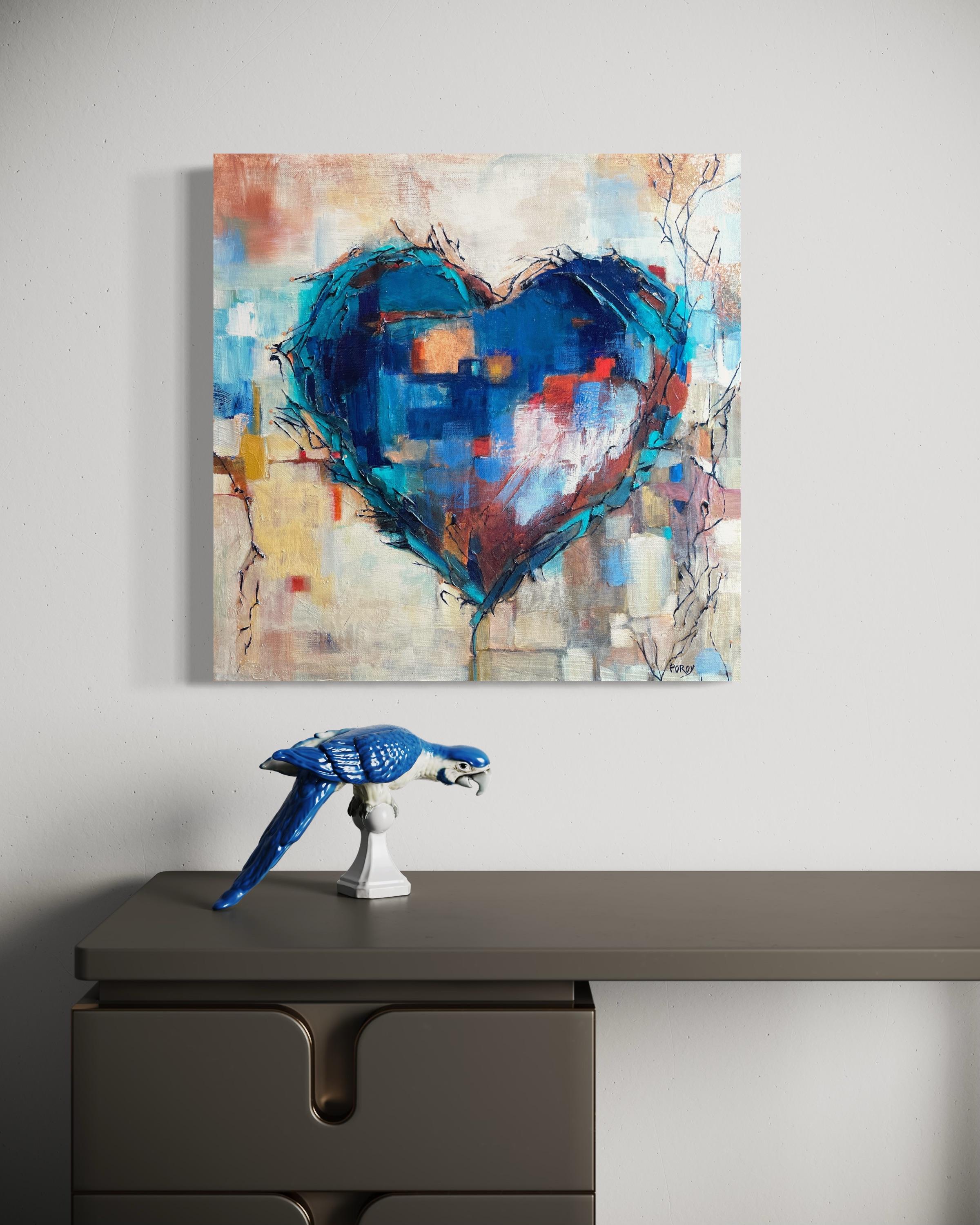'Growing Love' by Maria Poroy - Mixed Media Blue Heart on Earth Tone Background For Sale 1