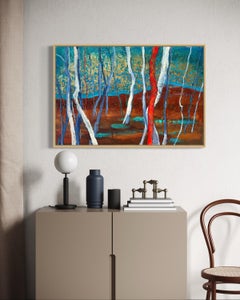 "Journey to Red Rocks" by Poroy - Abstract Landscape - Red Trees and Gold Leaf