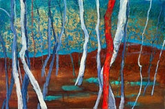 „Journey to Red Rocks“ von Poroy – Abstrakte Landschaft – Rote Bäume und Blattgold