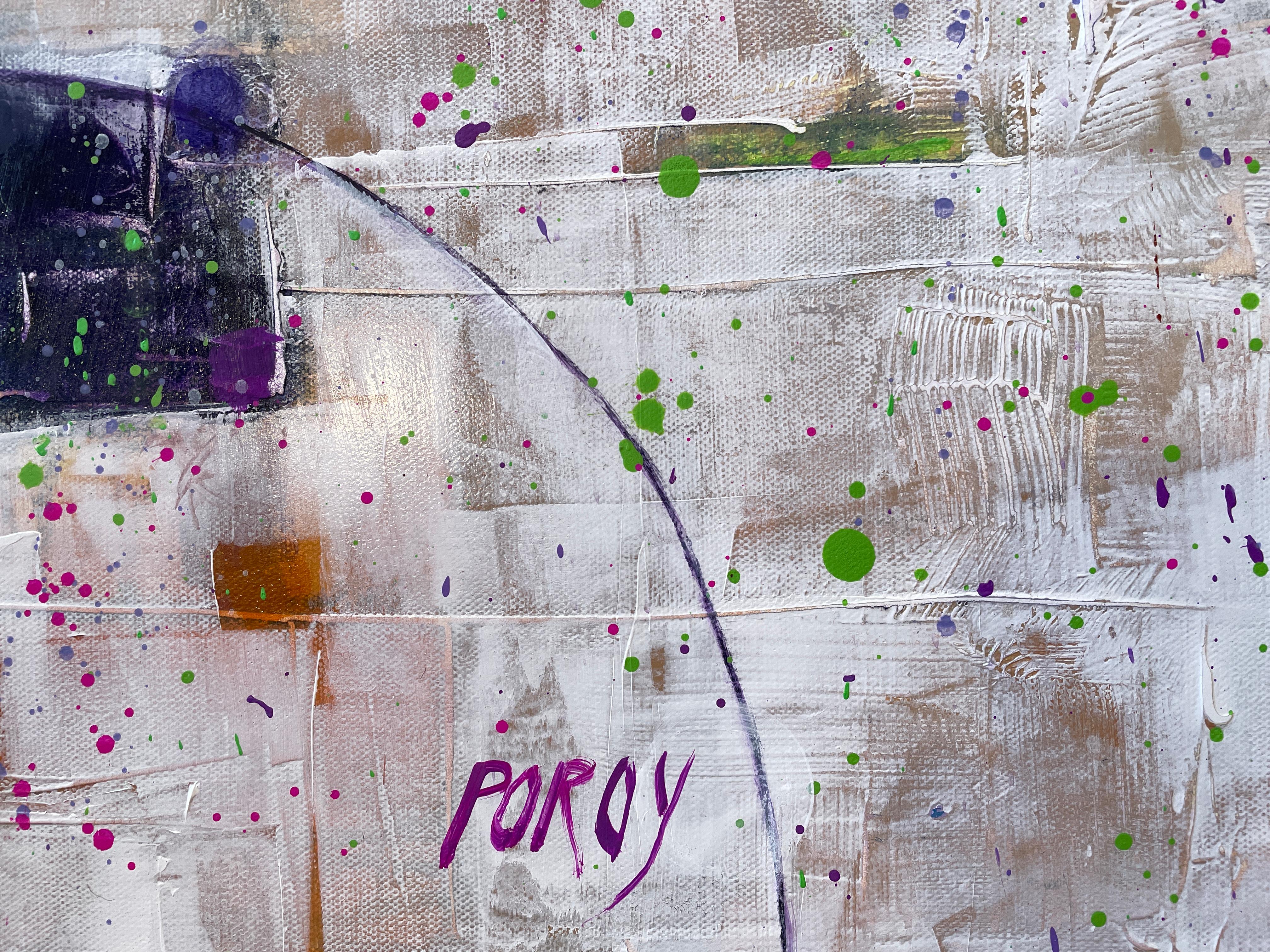Mardi Gras' de Maria Poroy - Arte abstracto contemporáneo verde, morado y blanco en venta 8