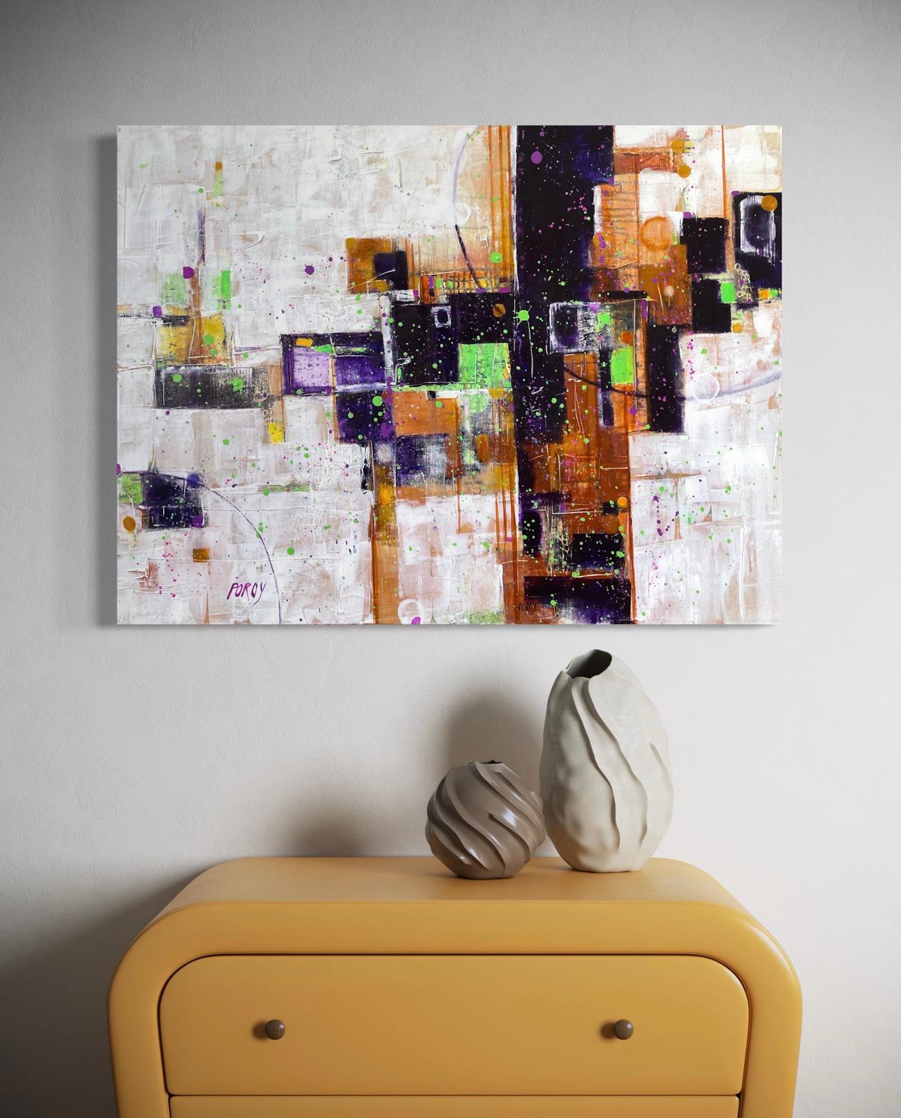 Mardi Gras' de Maria Poroy - Arte abstracto contemporáneo verde, morado y blanco en venta 1