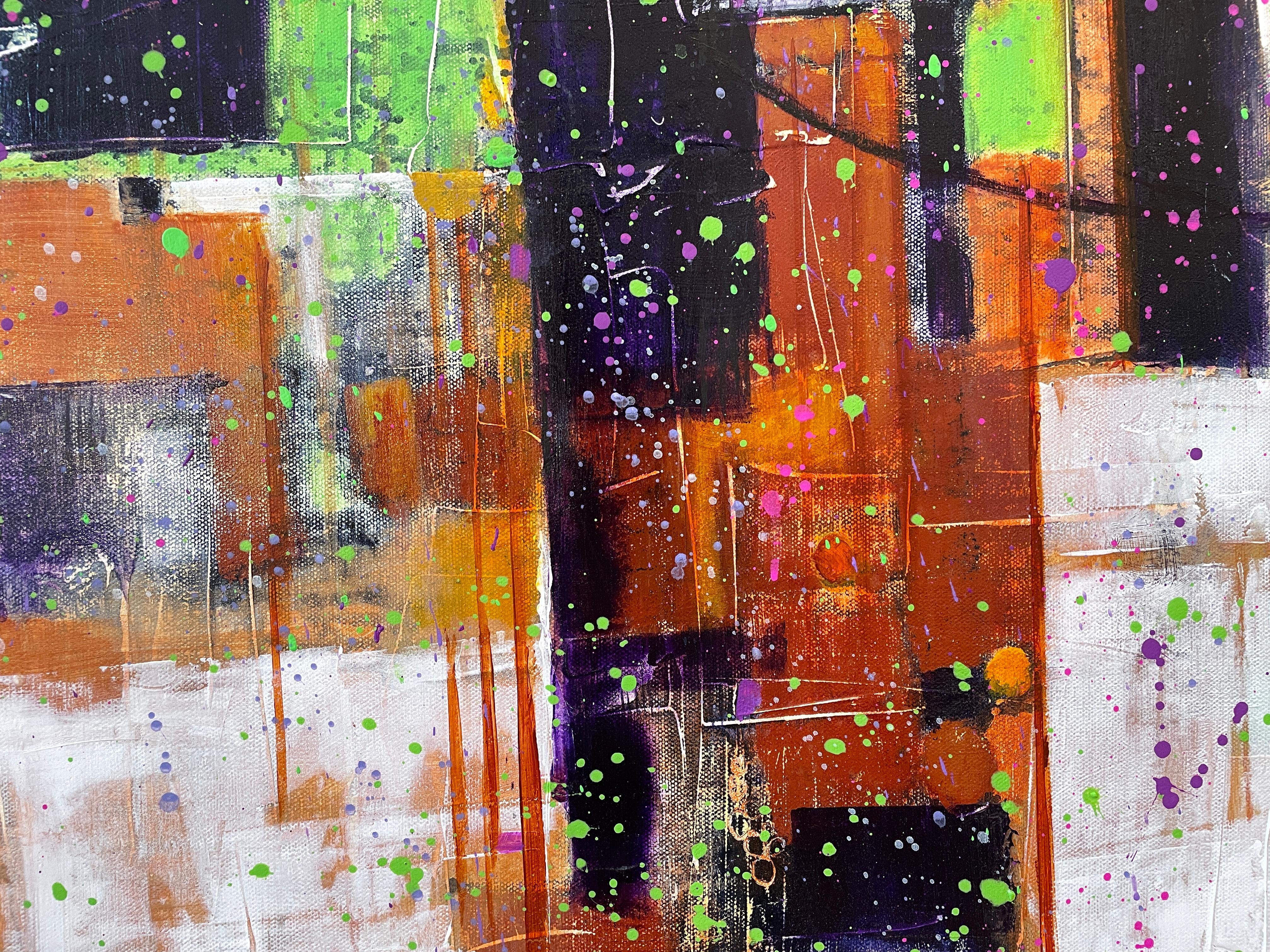 Mardi Gras' de Maria Poroy - Arte abstracto contemporáneo verde, morado y blanco en venta 4