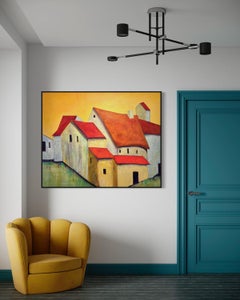 "Meet Me at the Corner" by Maria Poroy - Orange Huts with Yellow Sky Landscape