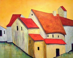 "Meet Me at the Corner" by Maria Poroy - Orange Huts with Yellow Sky Landscape