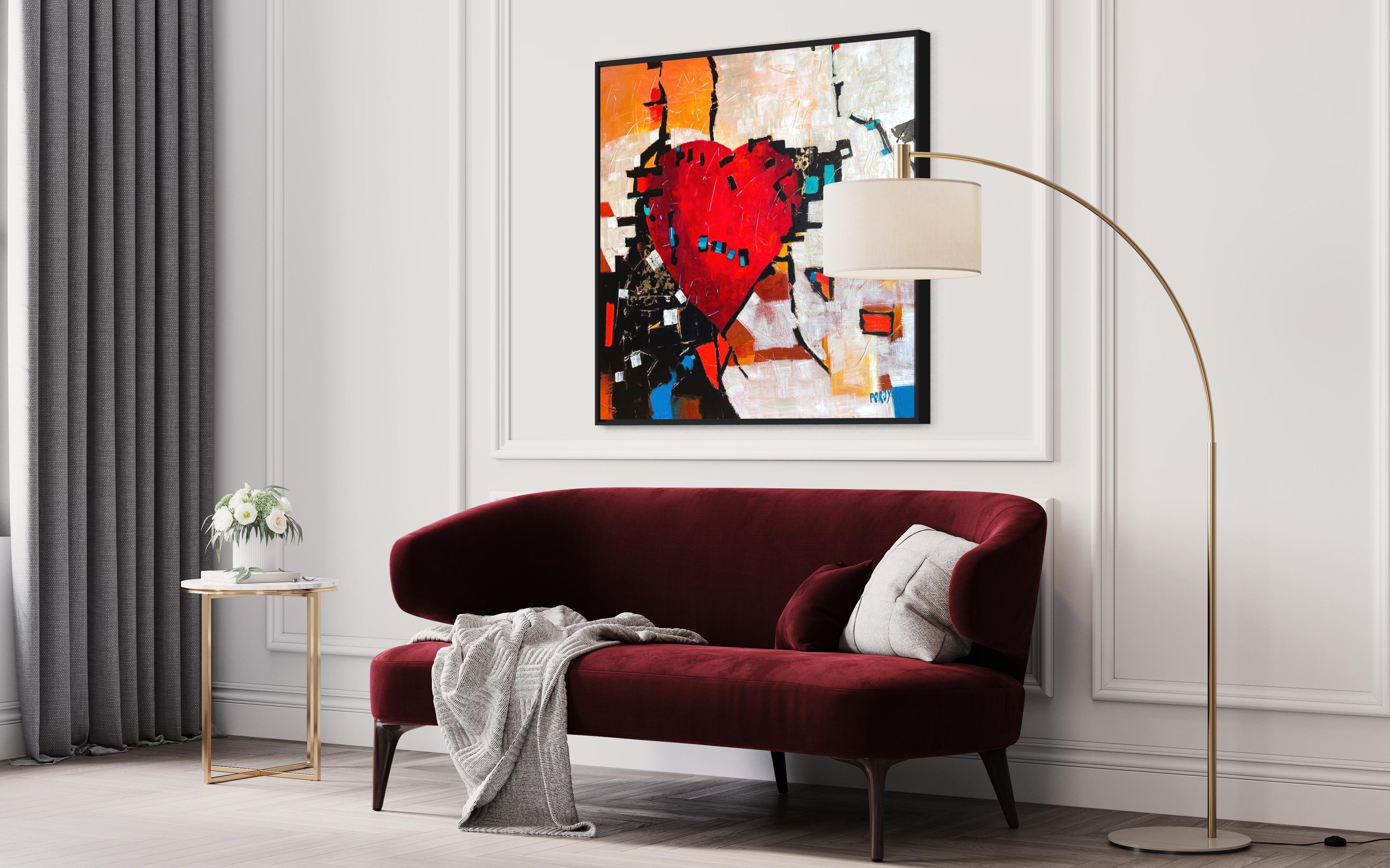 'Modern Home' - Bold Red Heart - Abstract Expressionist Mixed Media on Canvas For Sale 7