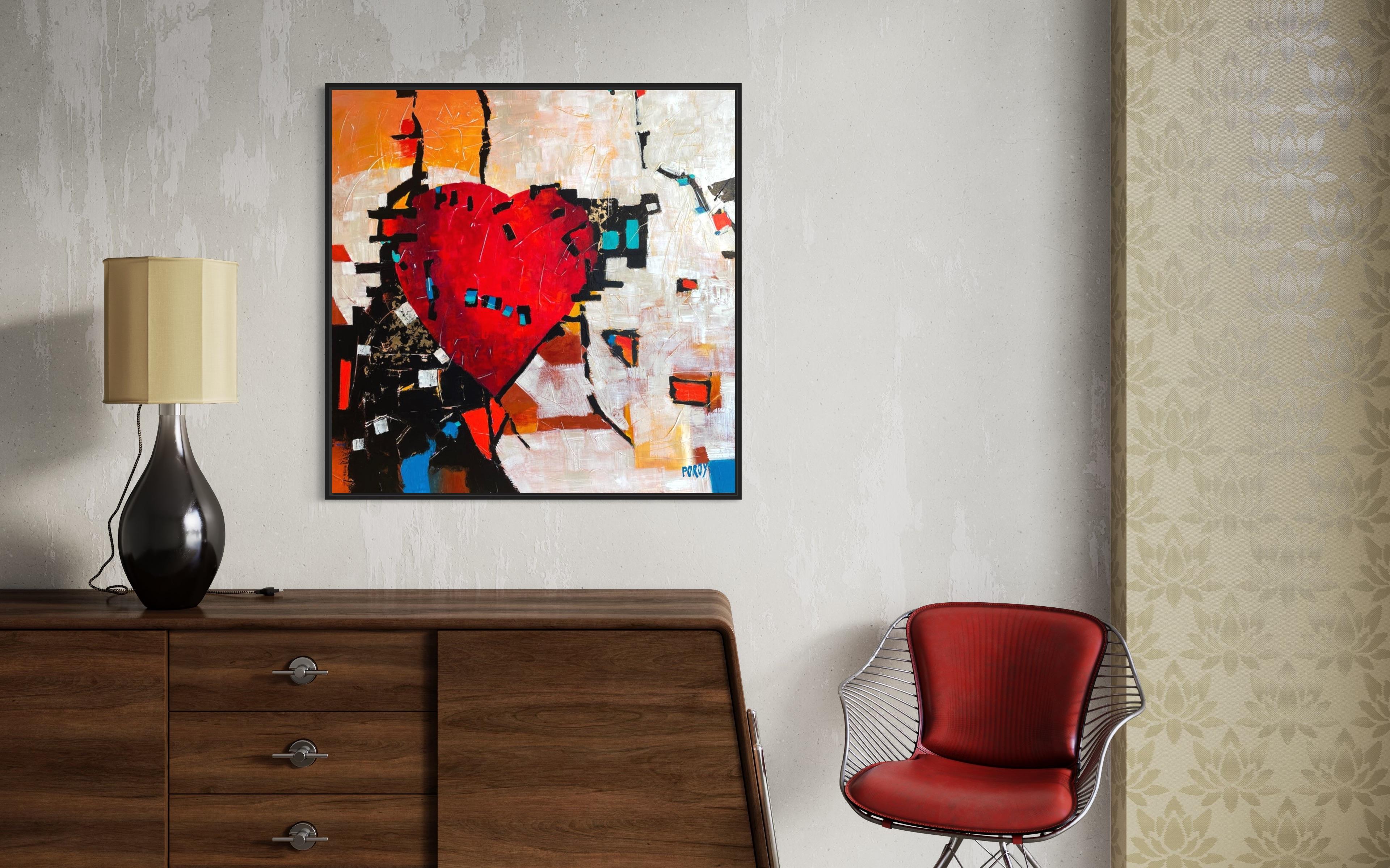 'Modern Home' - Bold Red Heart - Abstract Expressionist Mixed Media on Canvas For Sale 12
