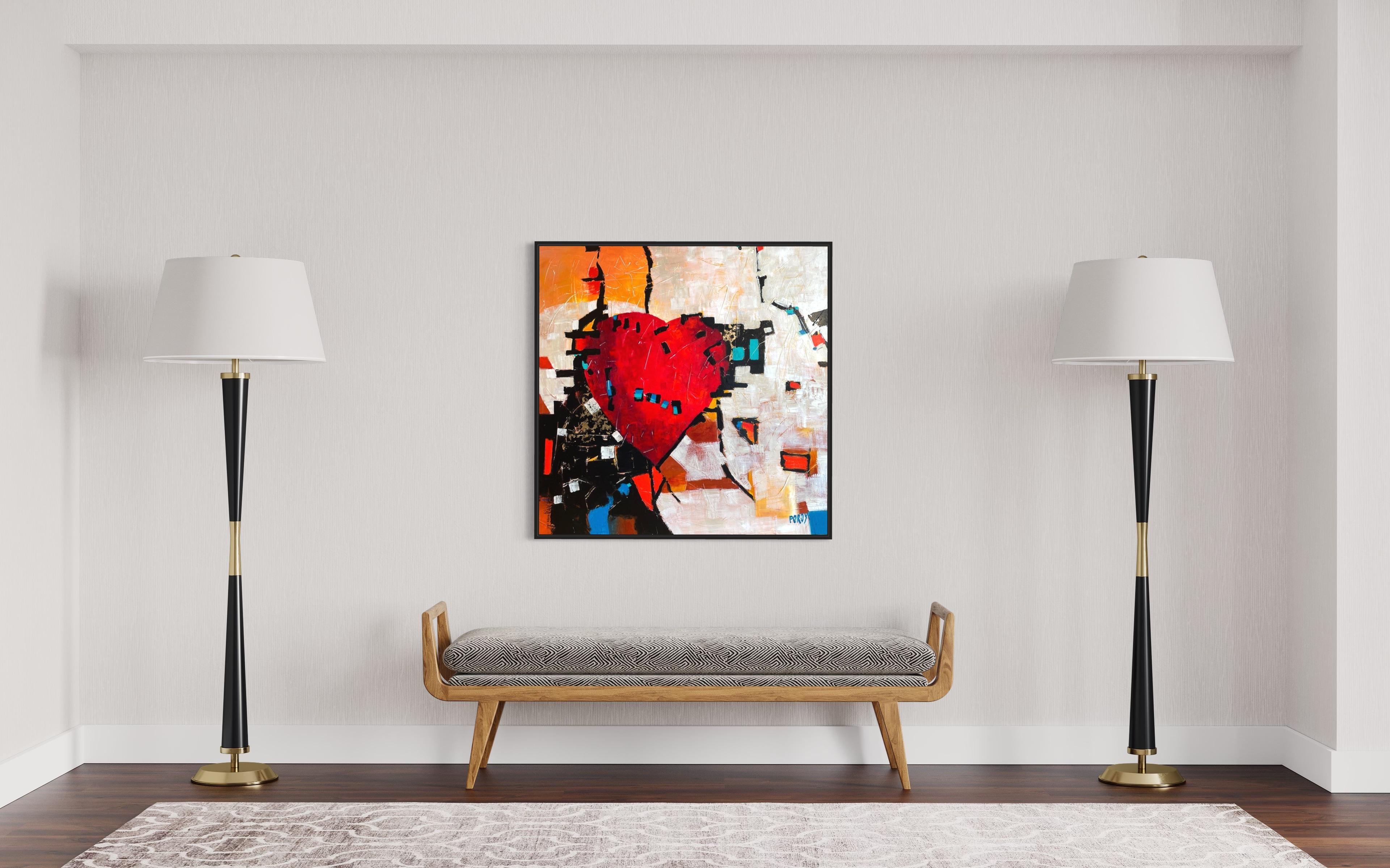 'Modern Home' - Bold Red Heart - Abstract Expressionist Mixed Media on Canvas - Painting by Maria Poroy