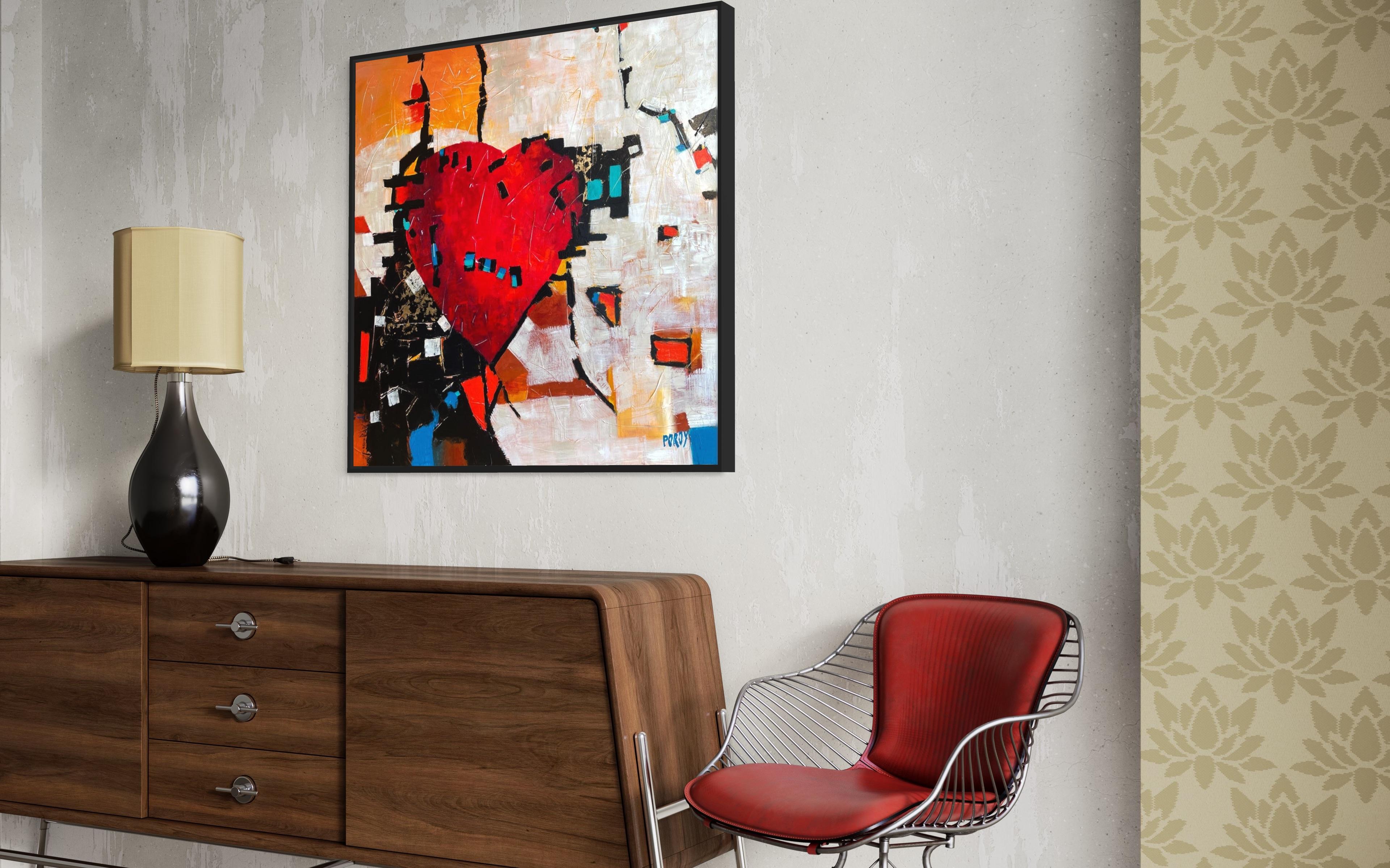 'Modern Home' - Bold Red Heart - Abstract Expressionist Mixed Media on Canvas For Sale 13