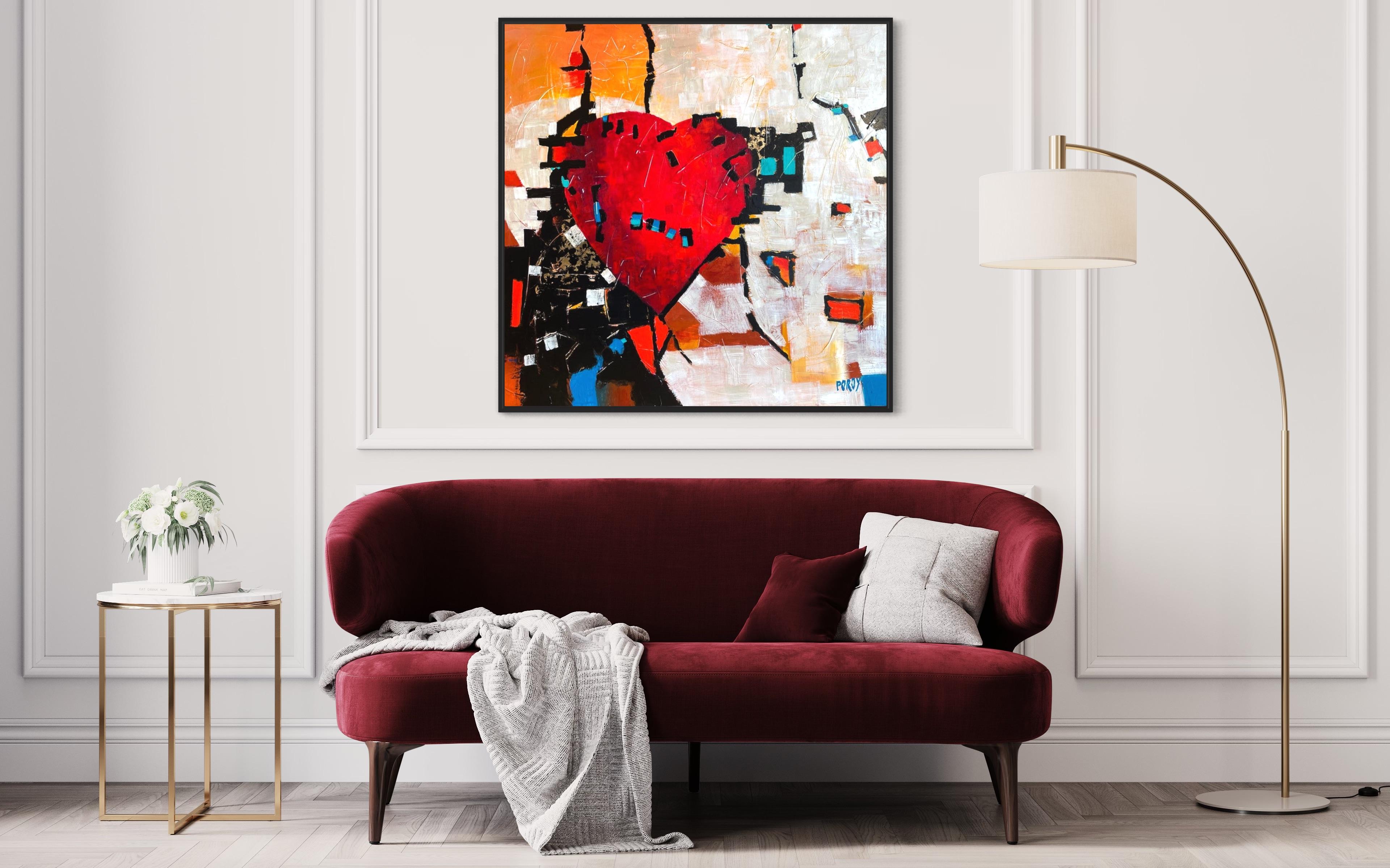 'Modern Home' - Bold Red Heart - Abstract Expressionist Mixed Media on Canvas For Sale 6