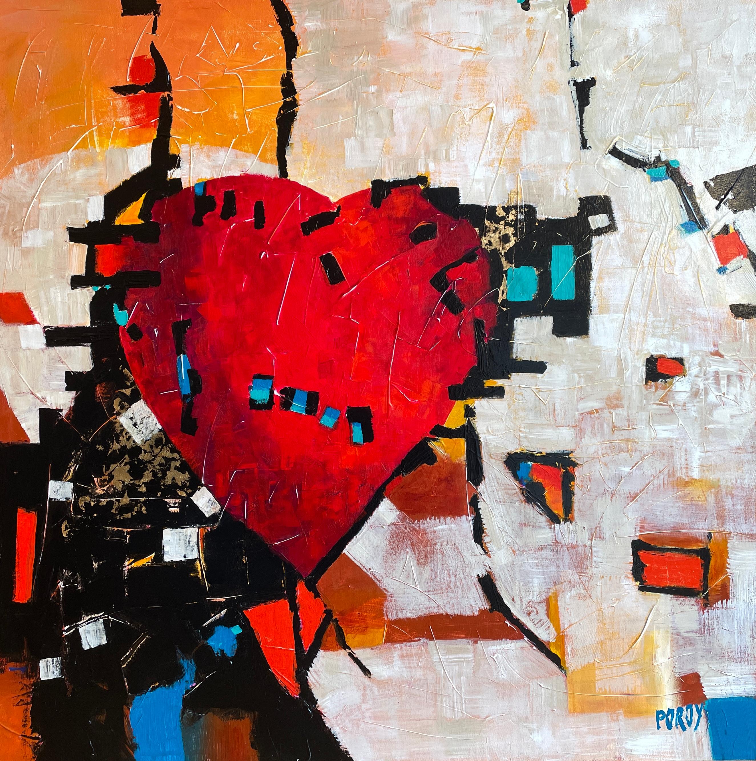 Maria Poroy Abstract Painting - 'Modern Home' - Bold Red Heart - Abstract Expressionist Mixed Media on Canvas