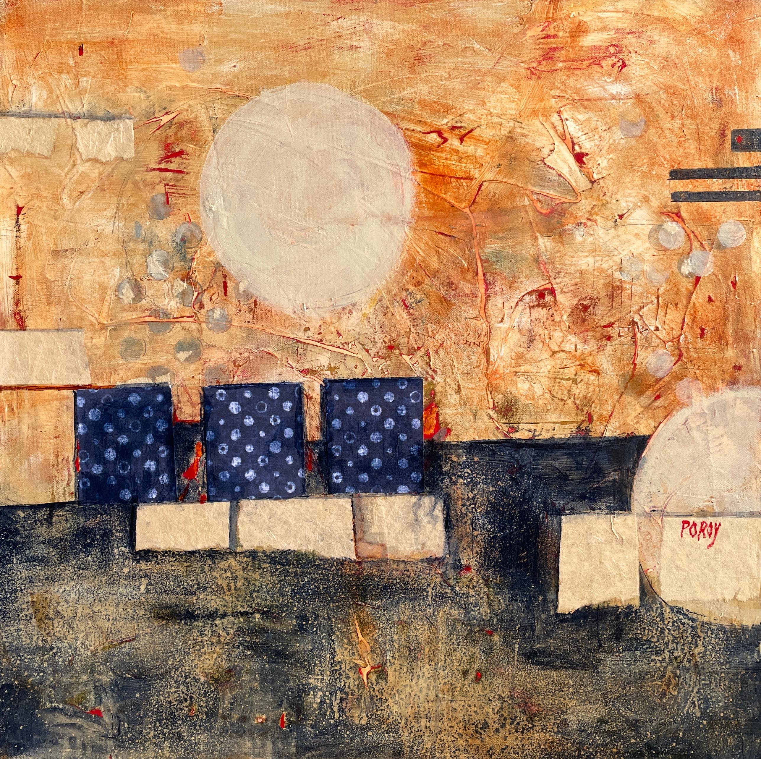Maria Poroy's "Moonrise" is a 24" x 24" mixed media canvas that exemplifies contemporary abstract expressionism. The artwork features a warm, earthy palette, where burnt oranges and muted umbers form a textured backdrop, reminiscent of a celestial