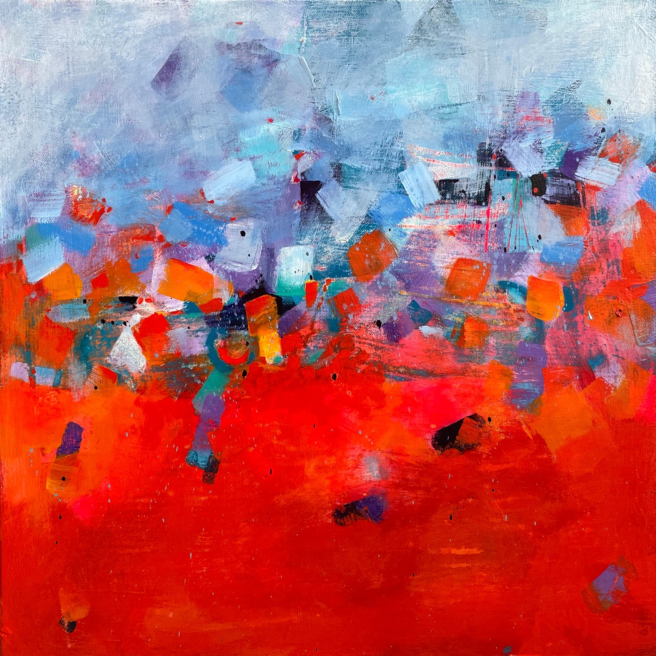 Maria Poroy Abstract Painting – Revelation" - Blau und Rot - Kleiner zeitgenössischer abstrakter Expressionismus