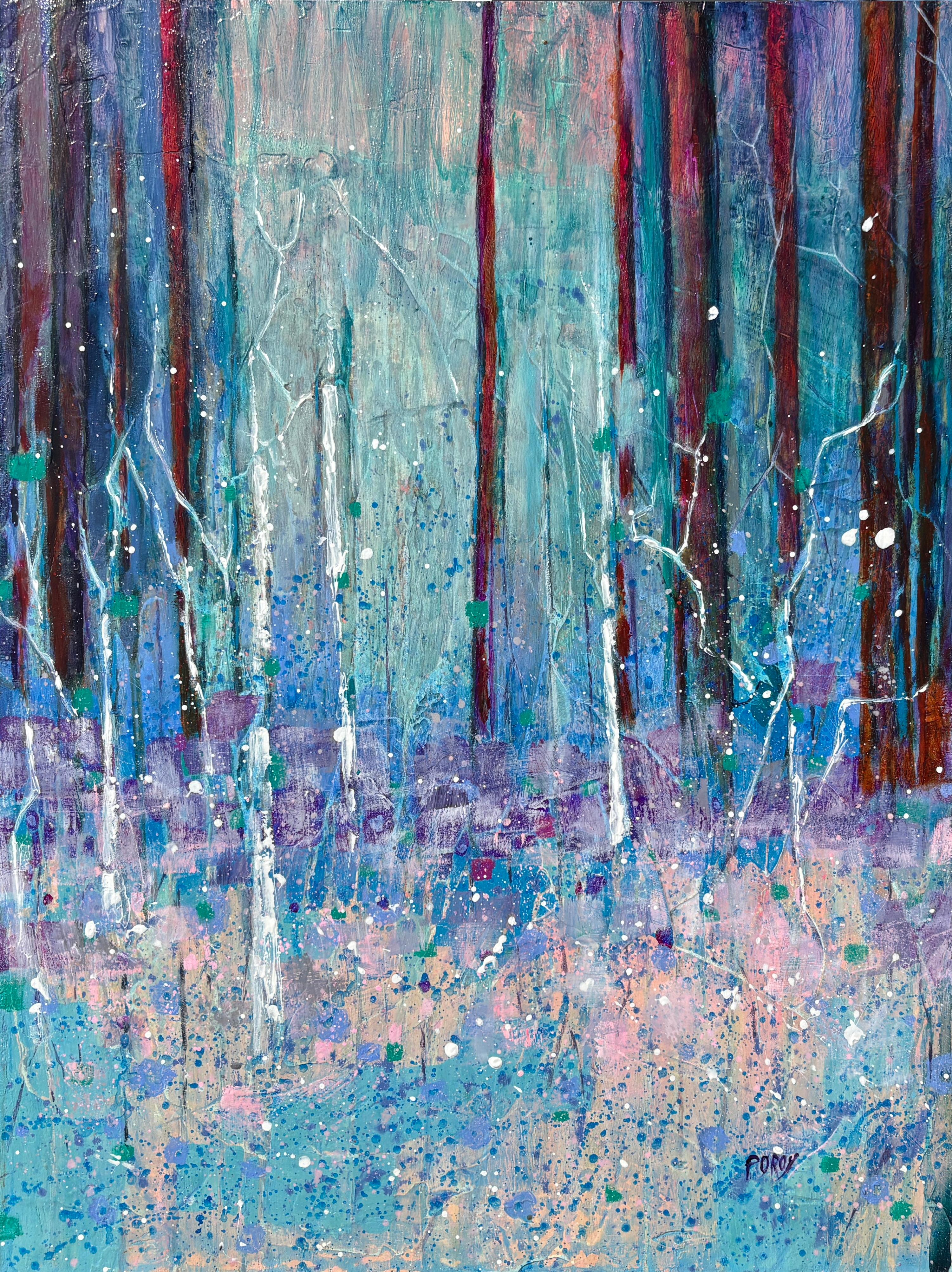 "La arboleda" de Maria Poroy - Bosque abstracto impresionista en azul y morado