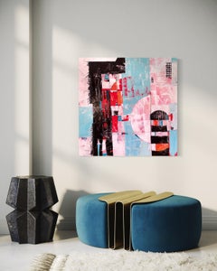 "Time Traveler" - Peinture acrylique abstraite contemporaine rouge, noire et bleue