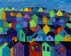 "Tiny Houses on the Hillside" von Poroy - Vivid Abstract Impressionist Cityscape