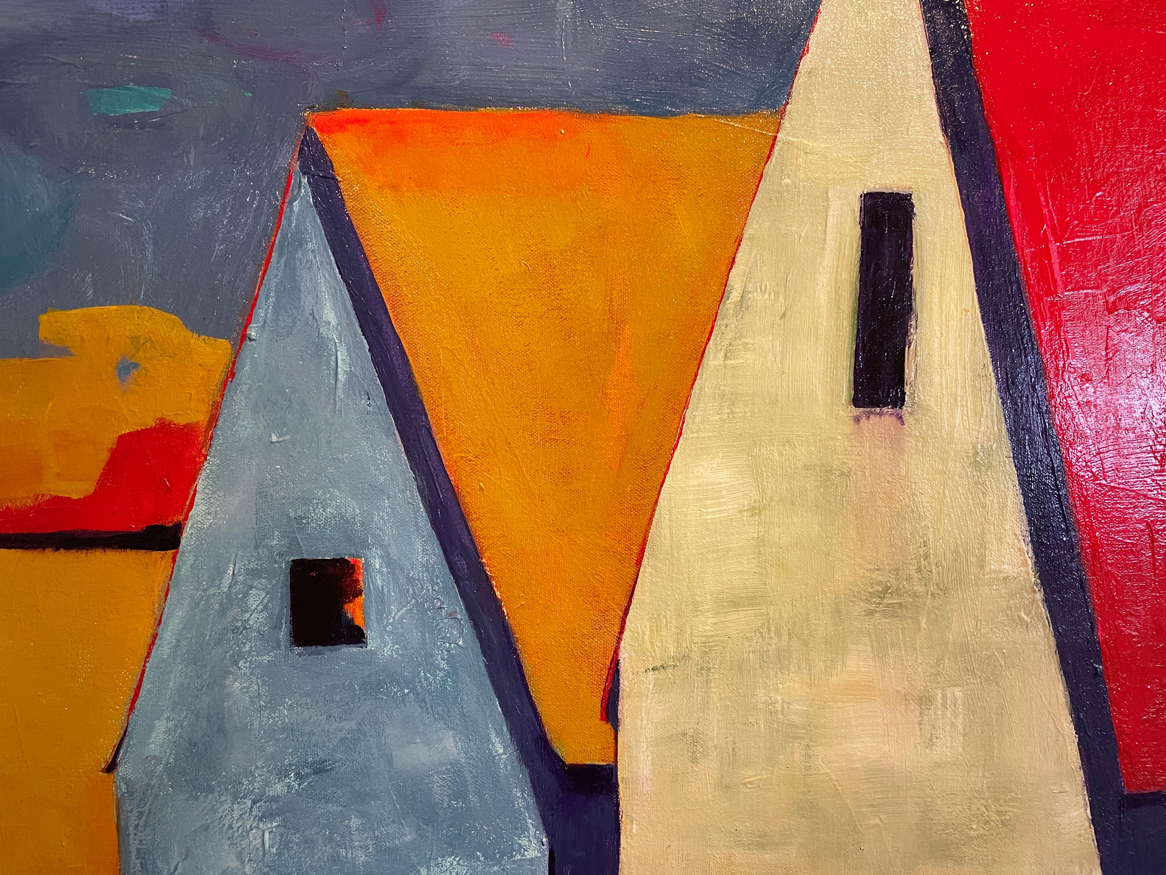 'Twilight Vista' Landscape of Serene Huts amidst an Abstract Sky by Maria Poroy For Sale 3