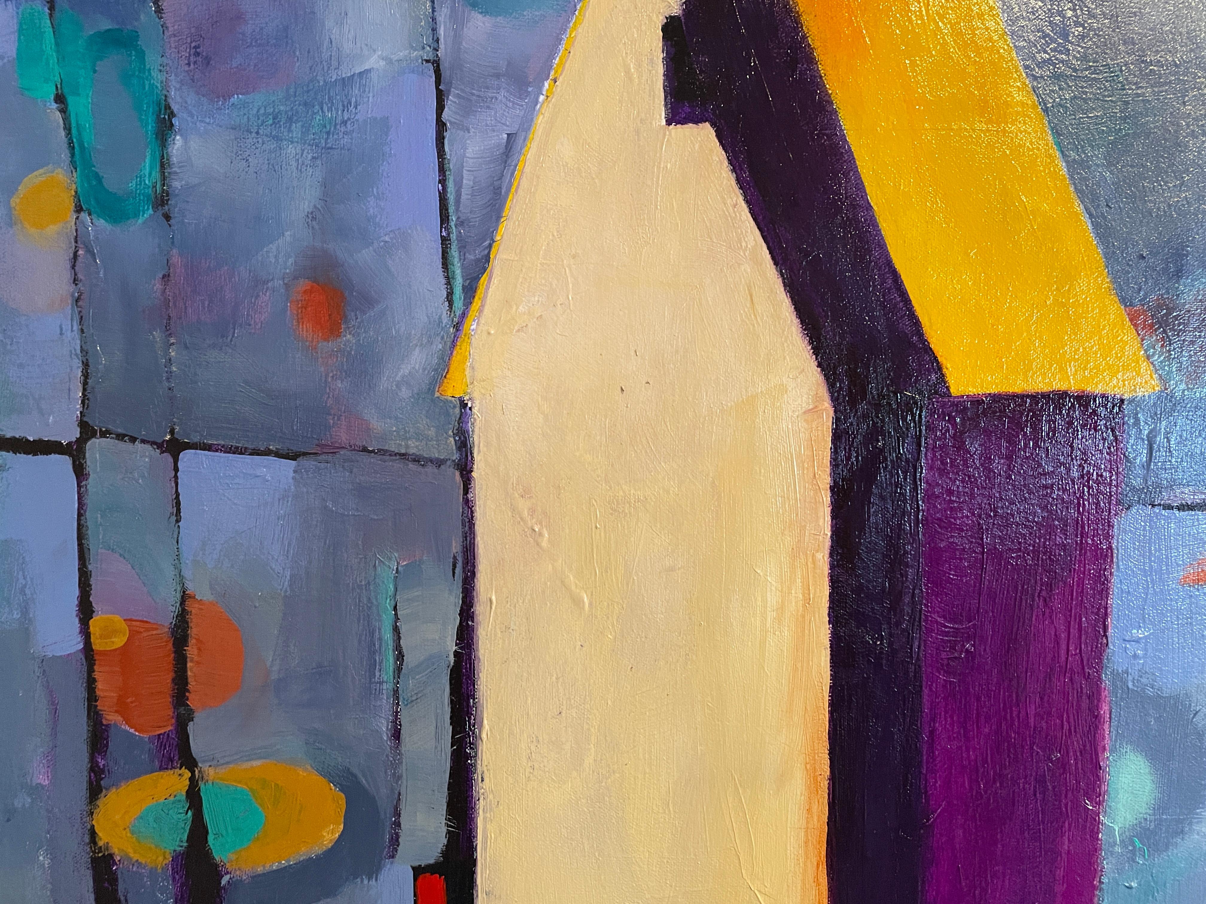 'Twilight Vista' Landscape of Serene Huts amidst an Abstract Sky by Maria Poroy For Sale 4