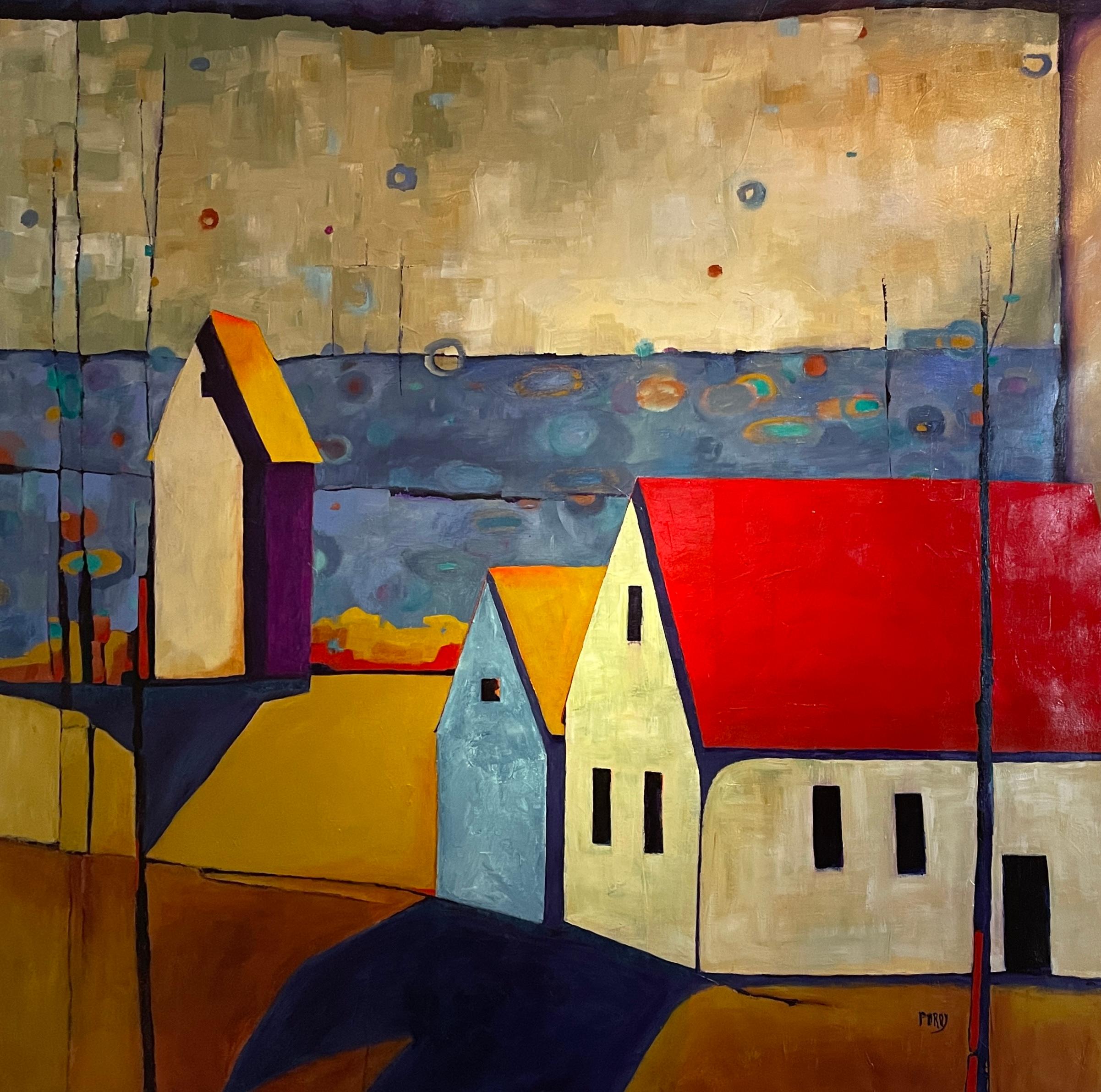 'Twilight Vista', paysage de huttes sereines au milieu d'un ciel abstrait par Maria Poroy