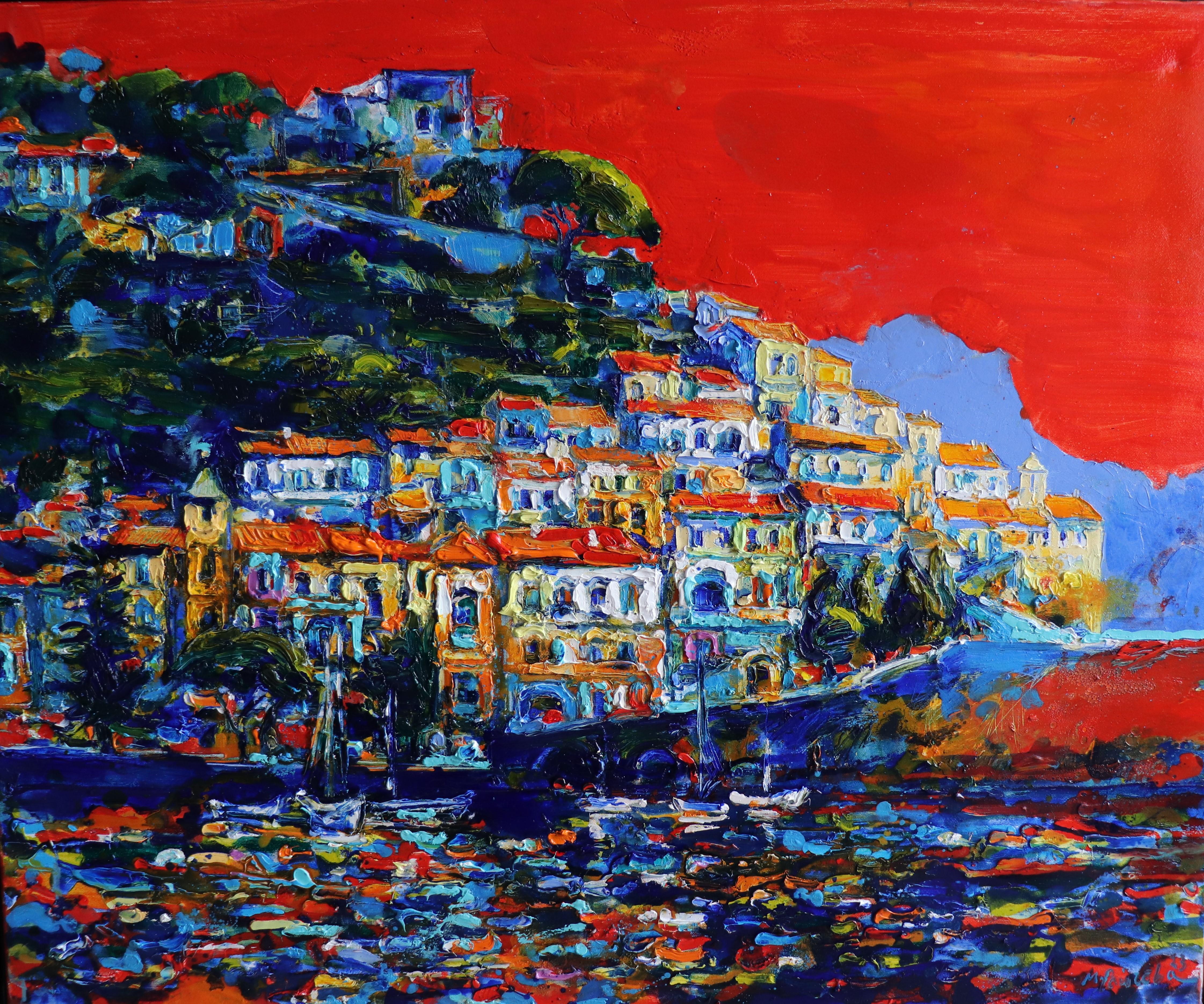 Amalfi, Italy - Oil Landscape Painting Colors Red White Blue Yellow Ivory Pink For Sale 3
