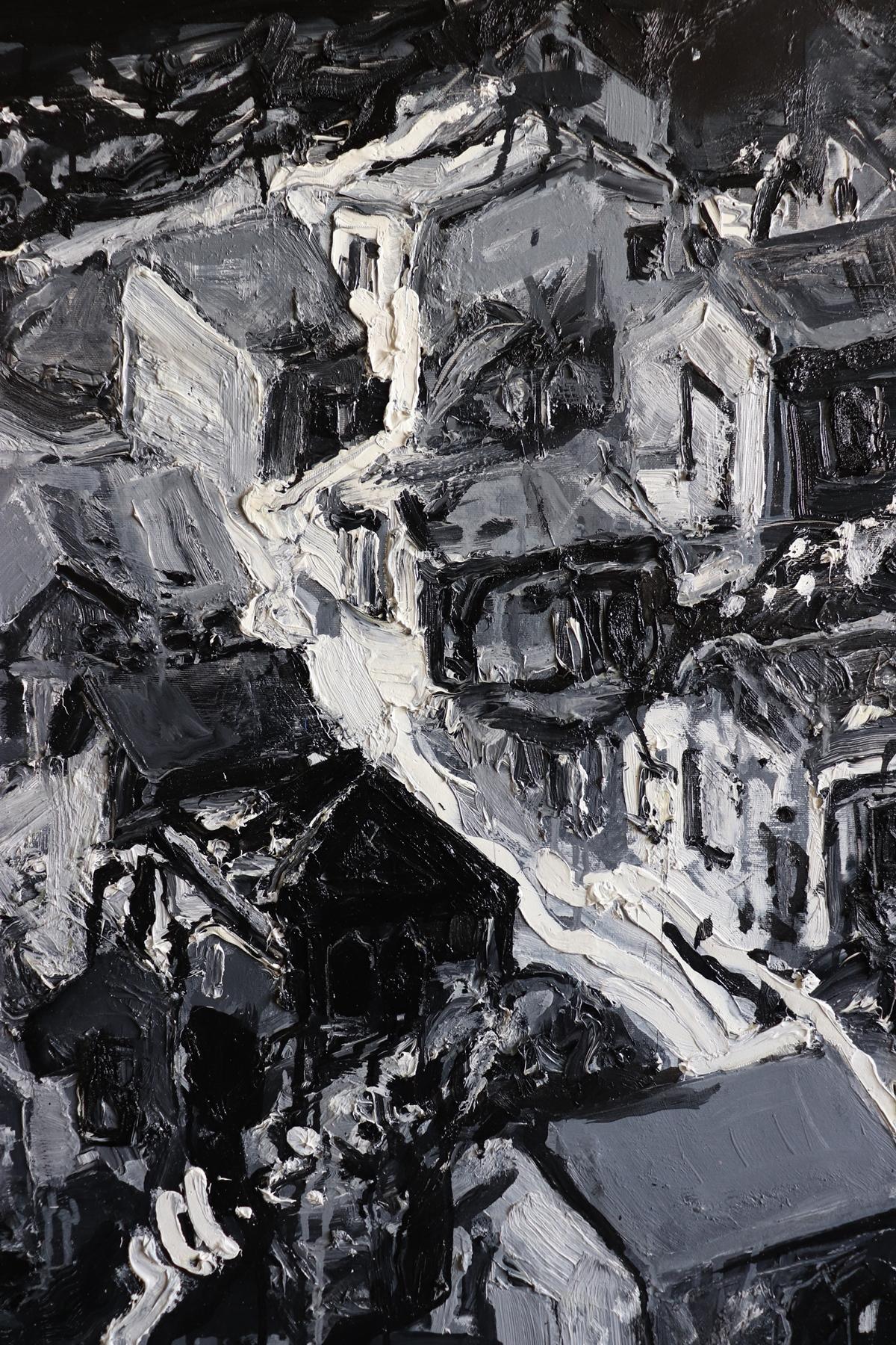 Coast After Tsunami Landschaft Gemälde Ölfarben monochrom, weiß und schwarz – Painting von Maria Raycheva