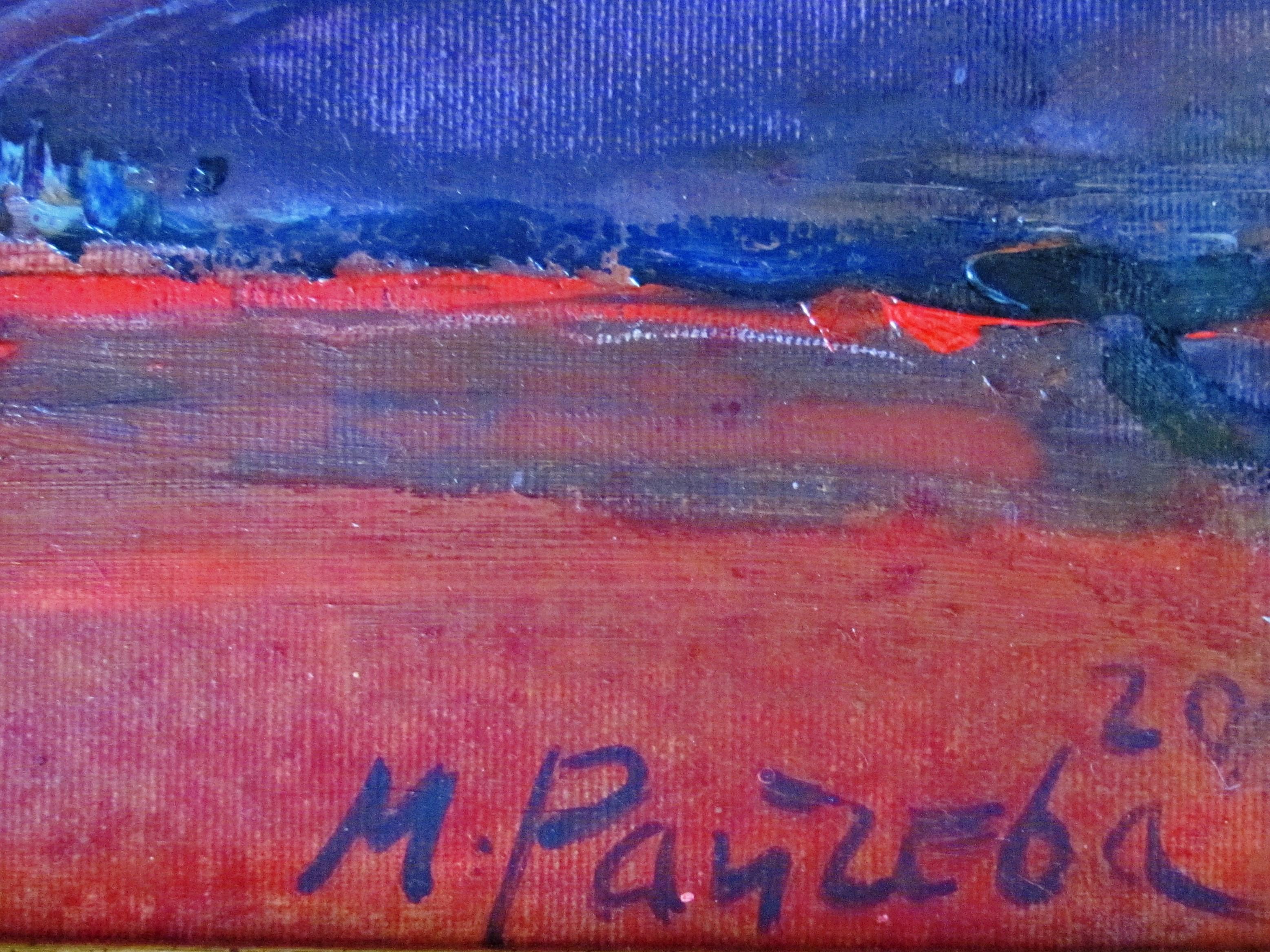 El Malekon – Öl Landschaftsgemälde in den Farben Grün, Weiß, Rot, Weiß und Blau  (Impressionismus), Painting, von Maria Raycheva
