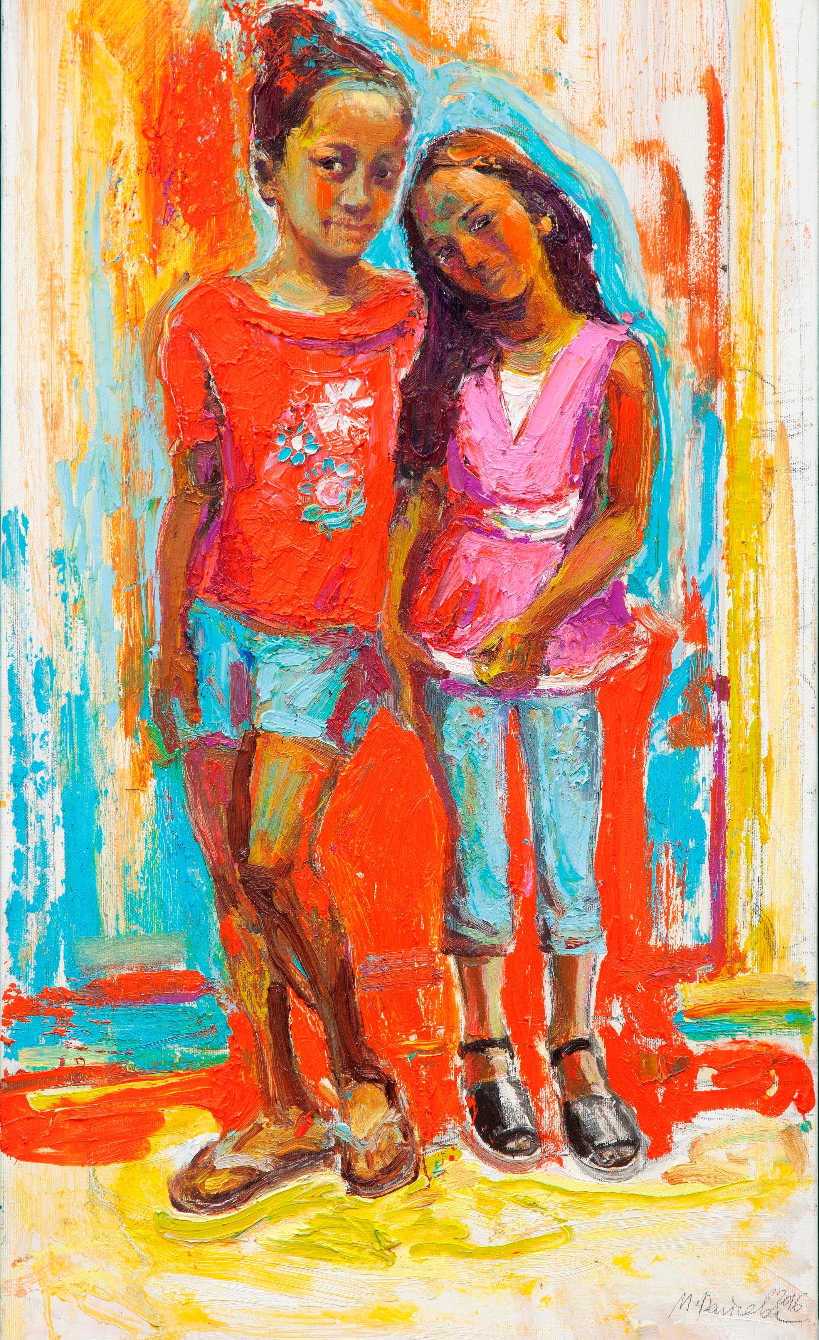 Maria Raycheva Figurative Painting - Friends - Oil Painting Colors Red Yellow White Blue Brown Pink