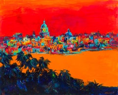 Havana in Red - Landscape Painting Oil Colors Red Yellow White Blue Black