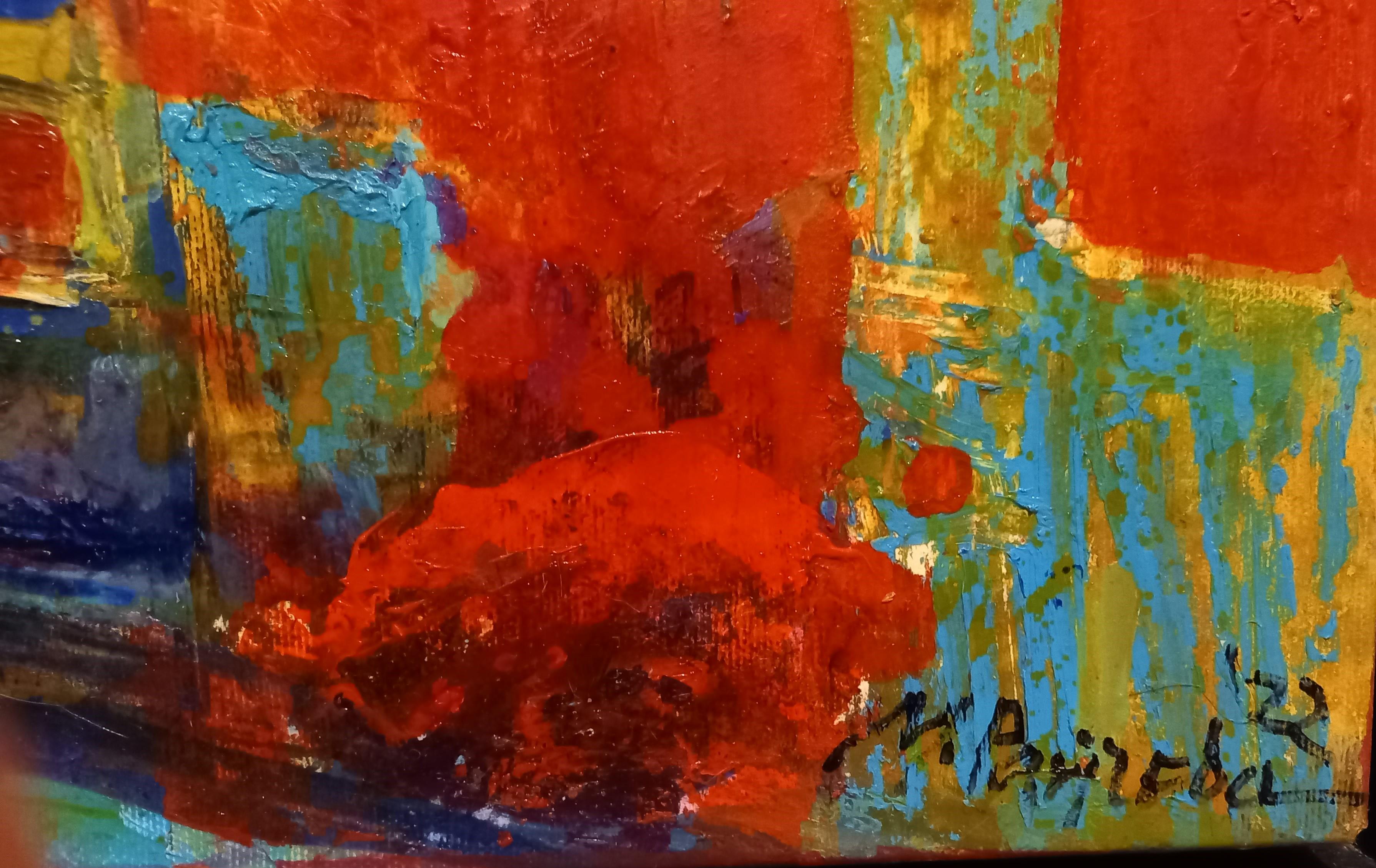 Inviting the Night - Landschaftsmalerei Farben Rot Weiß Blau Gelb Elfenbein Rosa (Impressionismus), Painting, von Maria Raycheva