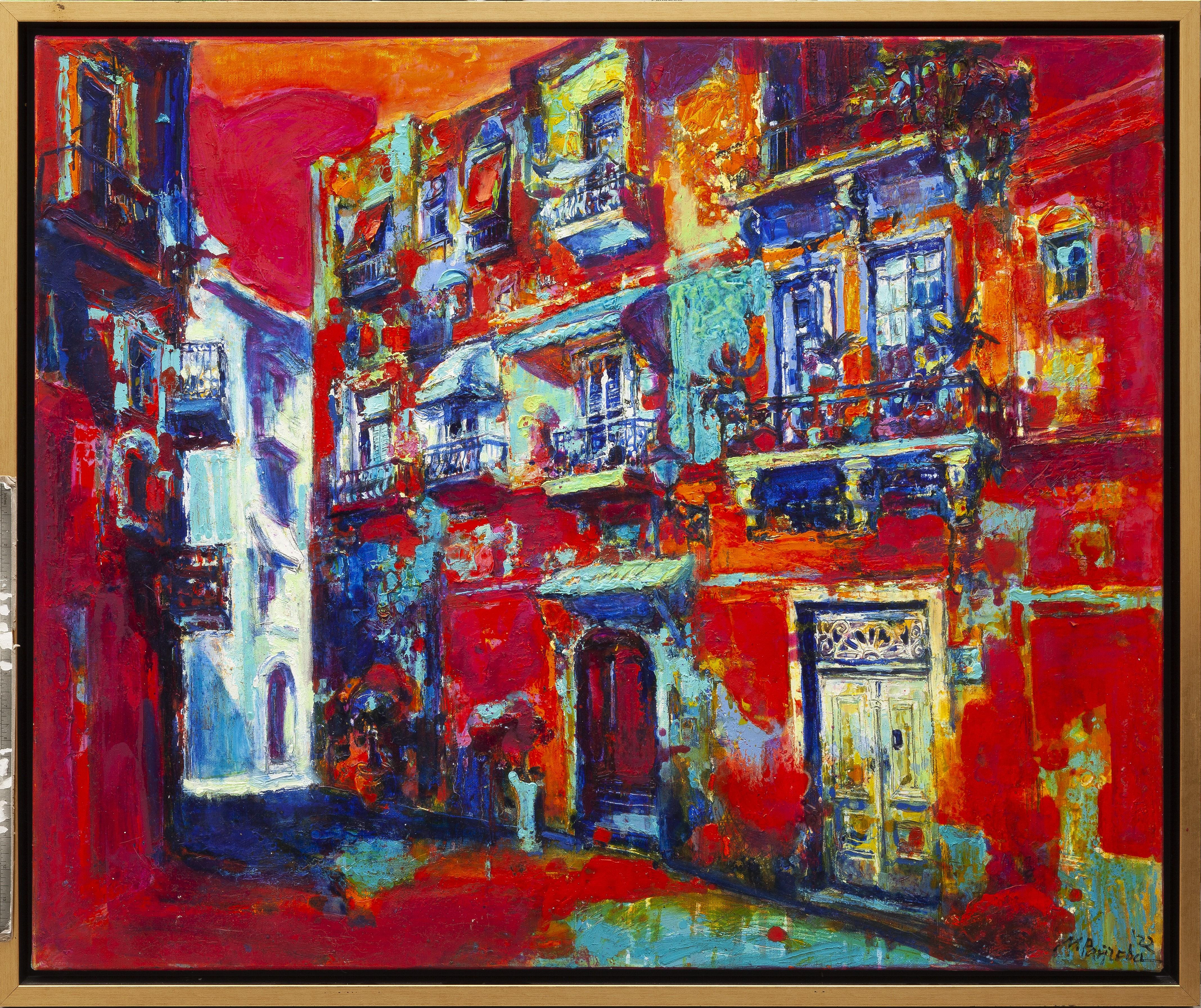 Maria Raycheva Landscape Painting – Inviting the Night - Landschaftsmalerei Farben Rot Weiß Blau Gelb Elfenbein Rosa
