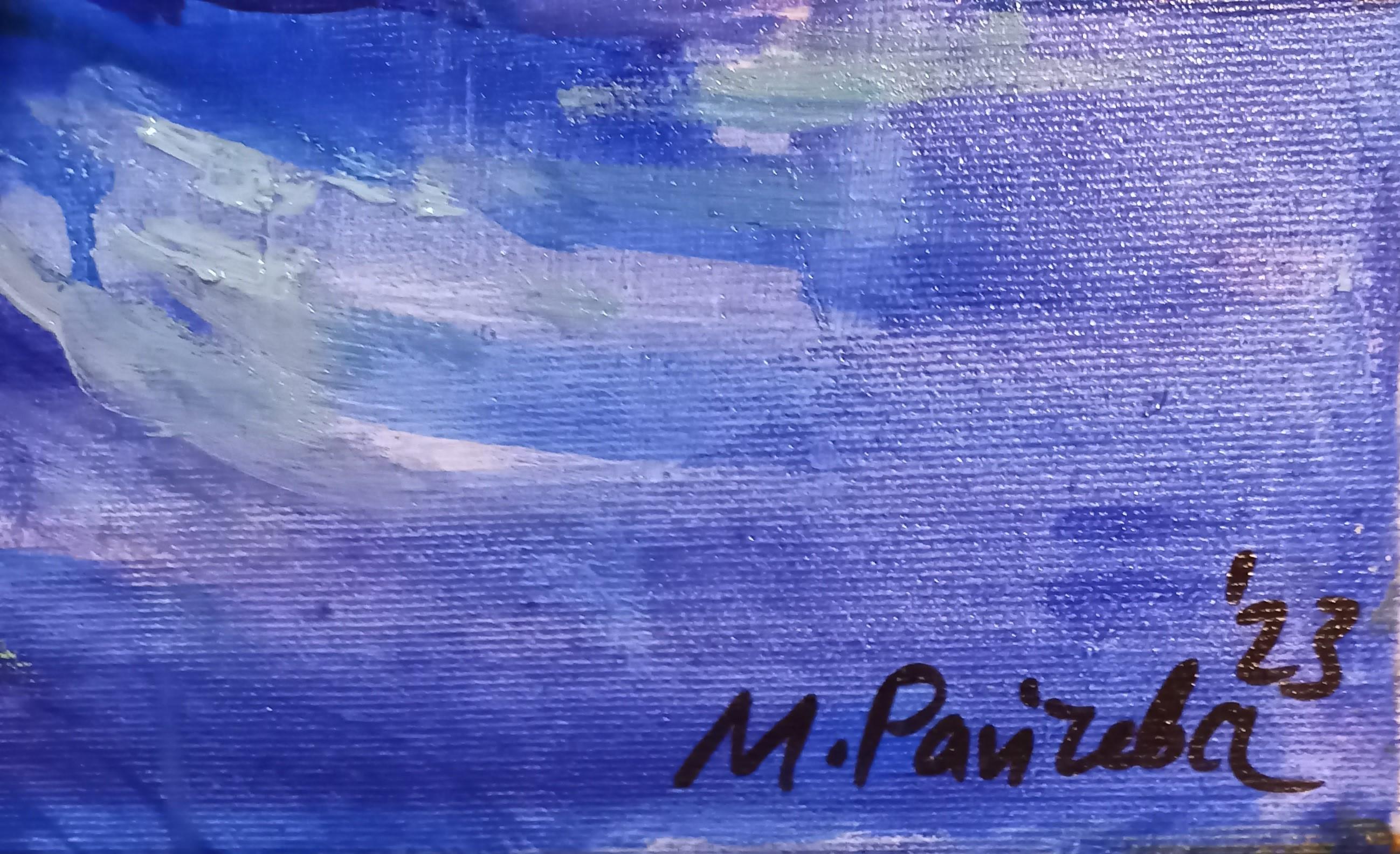 Jasmine - Peinture de paysage couleur blanc bleu vert - Impressionnisme Painting par Maria Raycheva