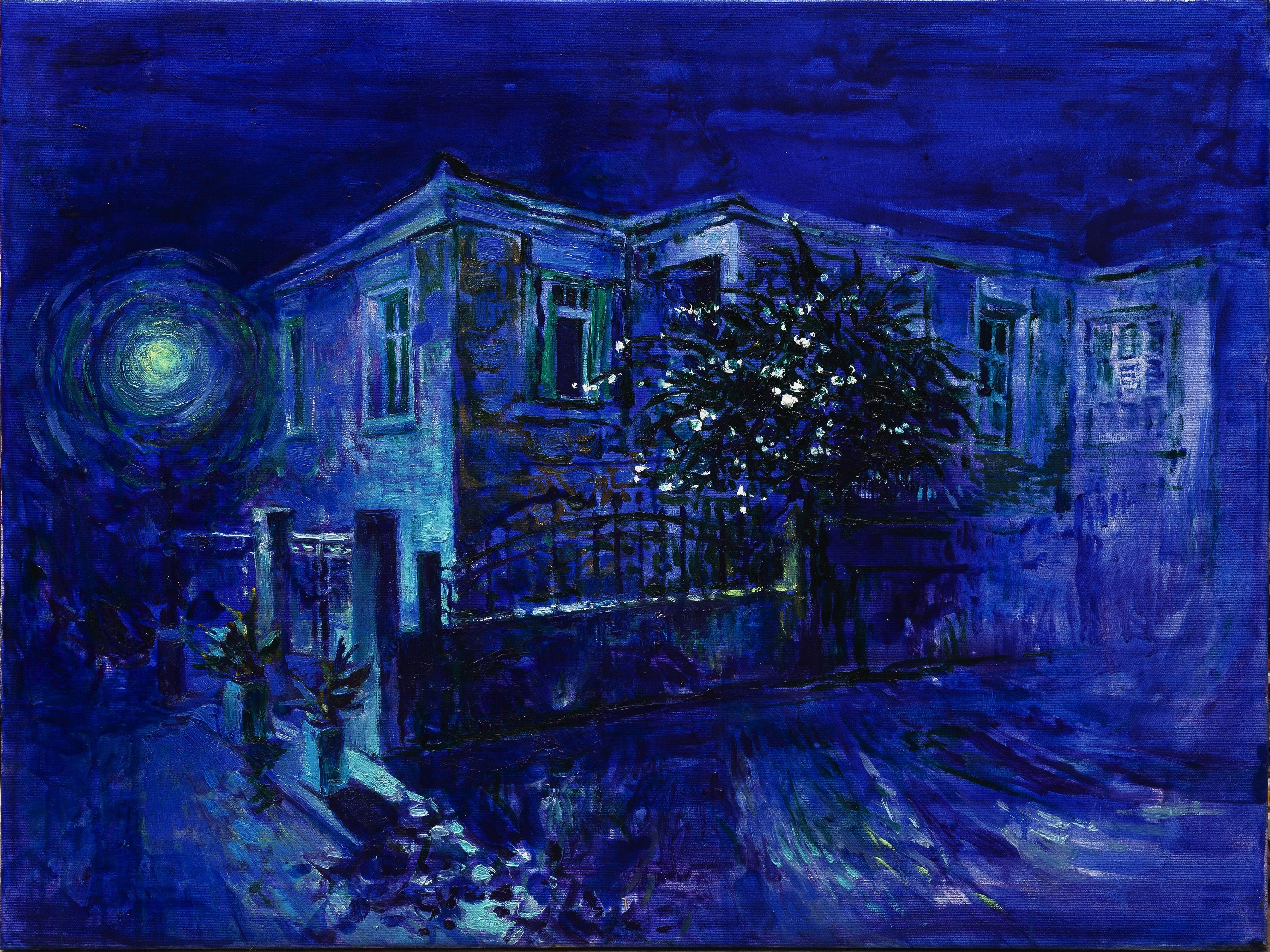 Maria Raycheva Landscape Painting – Jasmine – Landschaftsmalerei in Farben Weiß, Blau, Grün und Grün