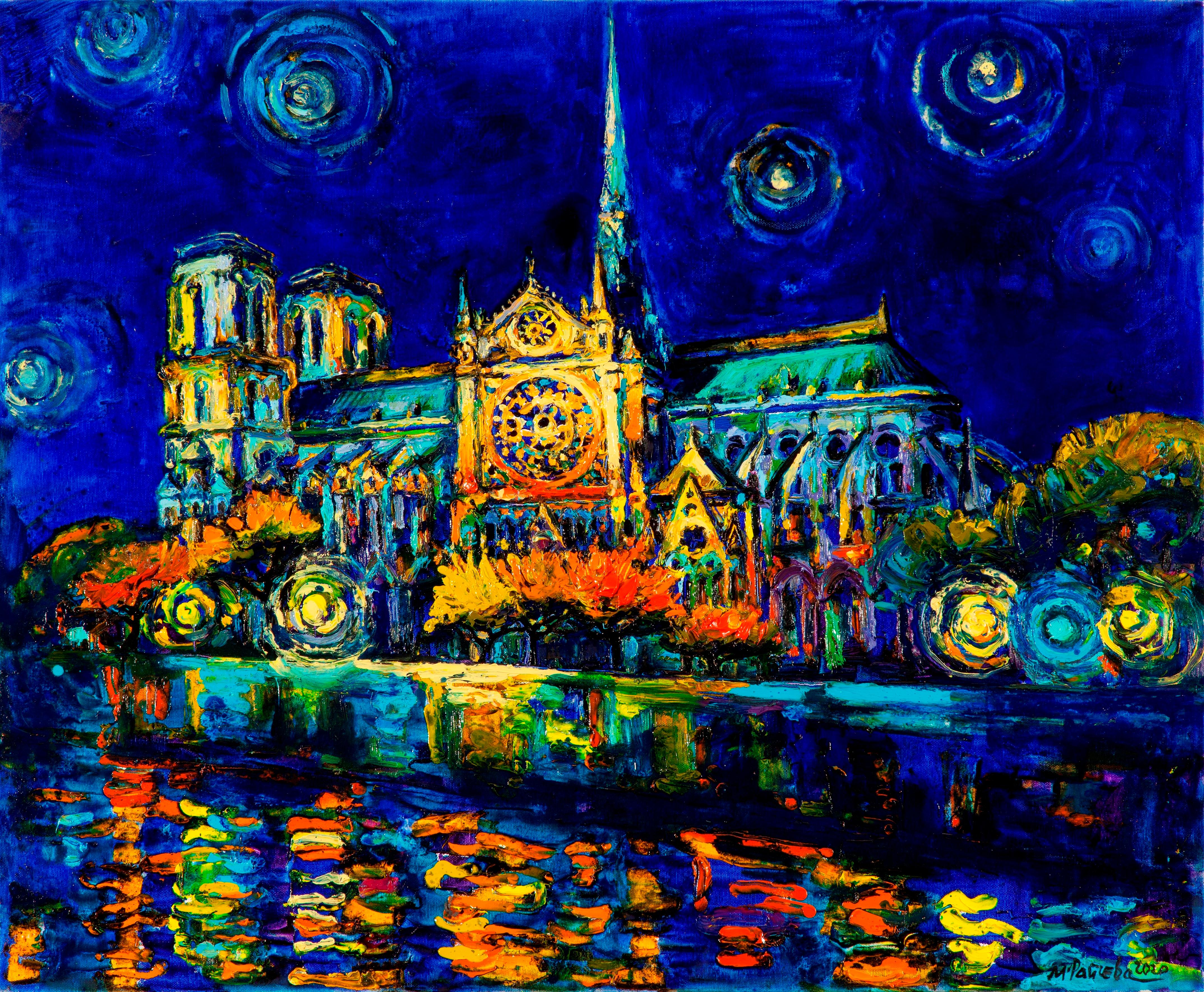 La Notre Dame - By Night Landscape Painting Oil Yellow White Blue Black Orange