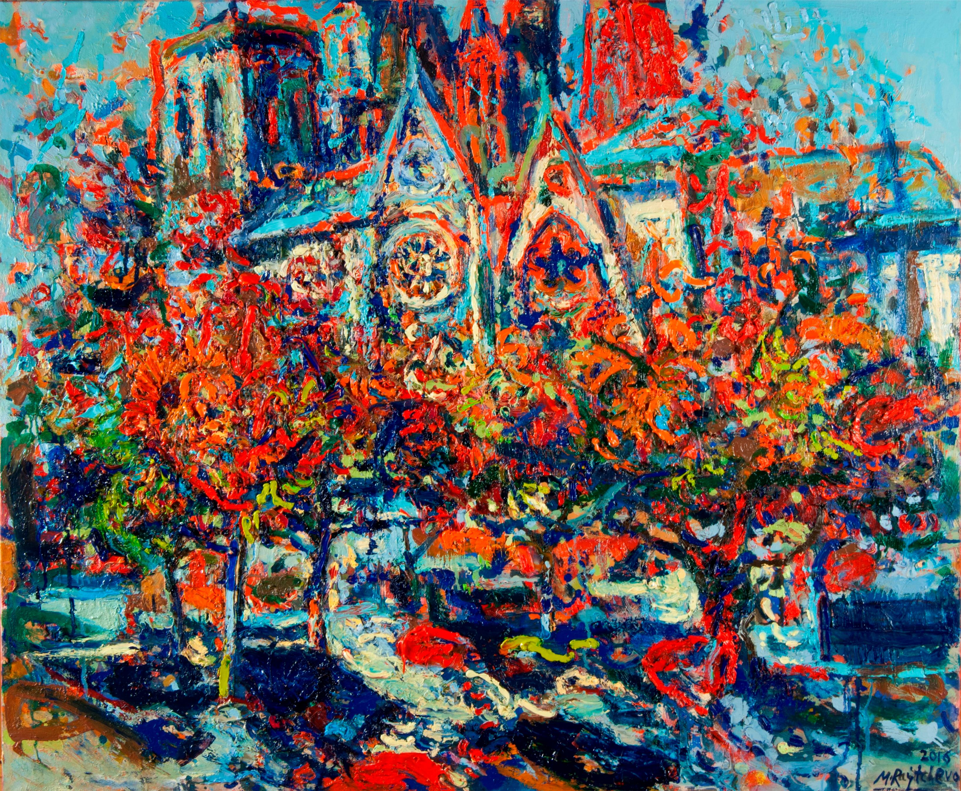 Maria Raycheva Landscape Painting – La Notre Dame De Paris, Öl-Landschaftsgemälde in Weiß, Orange, Rot, Weiß, Blau und Grün