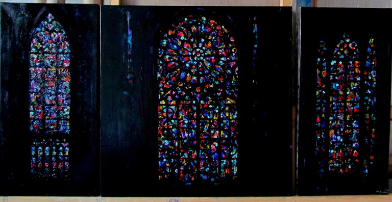 La Notre Dame De Paris Vitrage - Left Oil Painting Blue Red White Purple Green For Sale 1