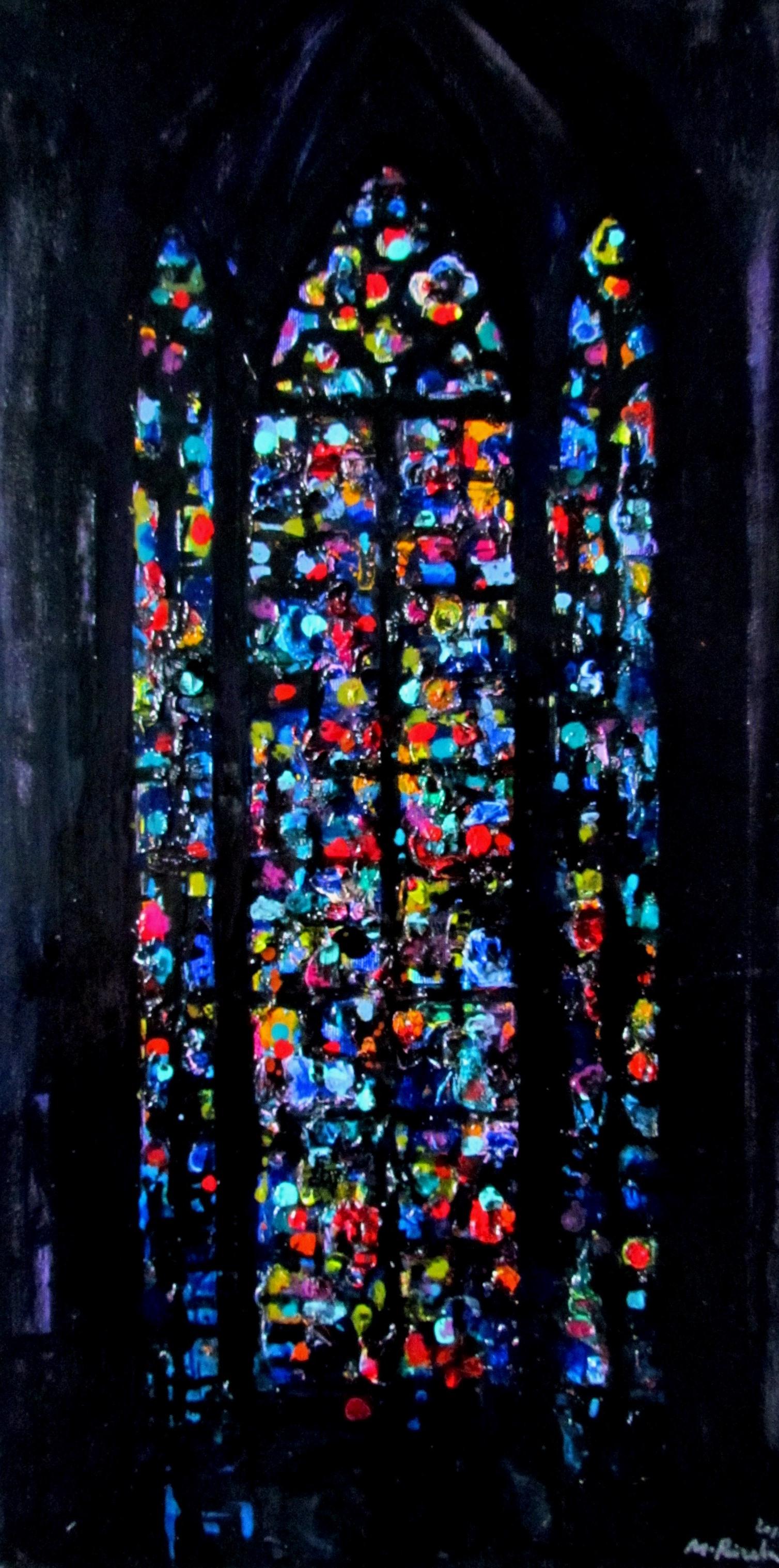 Maria Raycheva Interior Painting – La Notre Dame De Paris Vitrage – linkes Ölgemälde in Blau, Rot, Weiß und Lila Grün