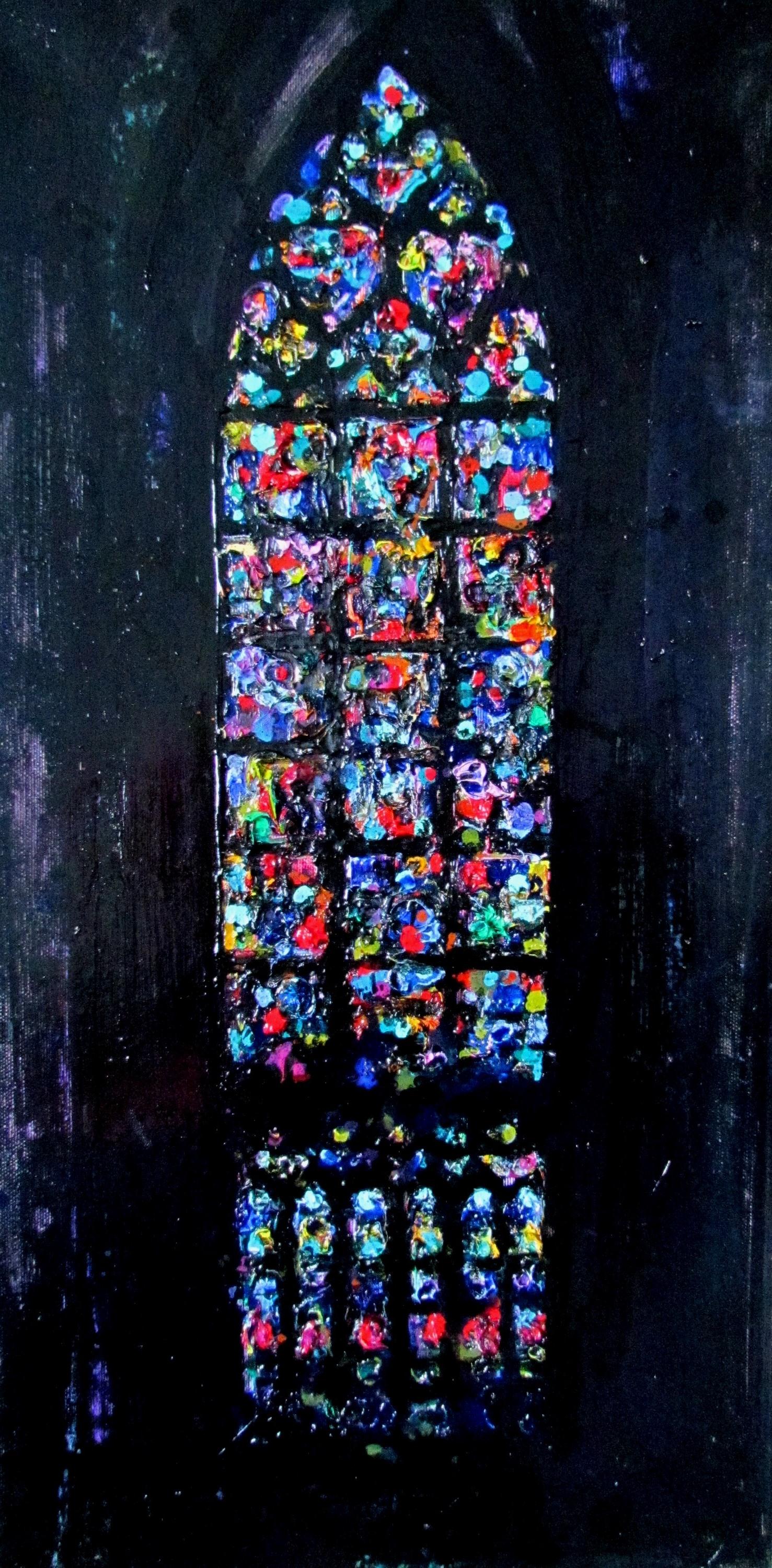 Maria Raycheva Interior Painting – La Notre Dame De Paris Vitrage – rechts – Ölgemälde in Blau, Rot, Weiß und Lila