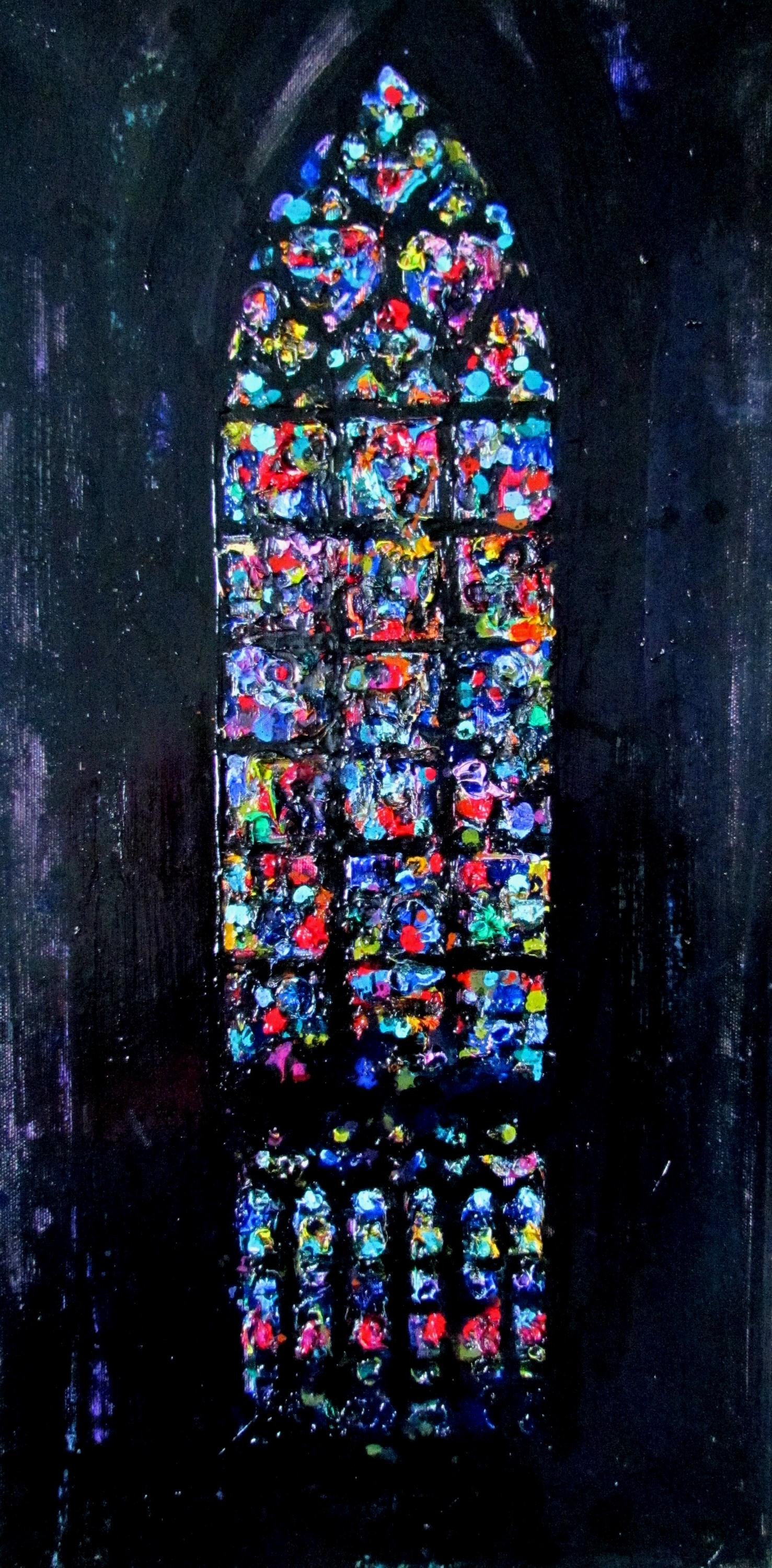 Interior Painting di Maria Raycheva - La Notre Dame De Paris Vitrage - A destra - Pittura a olio Blu Rosso Bianco Viola