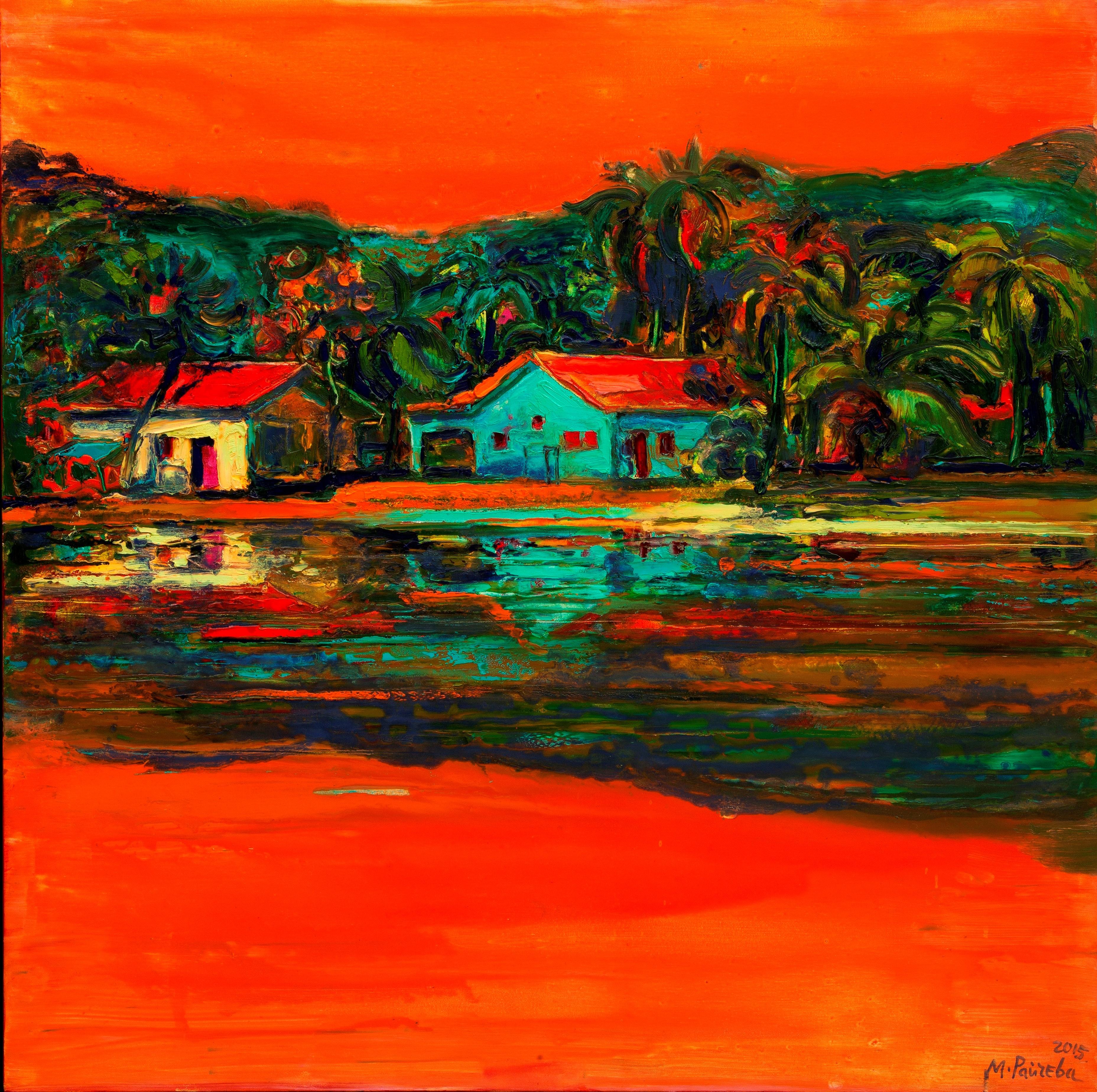 Malaysia II - Oil Landscape Painting Colors Red Blue Orange Green