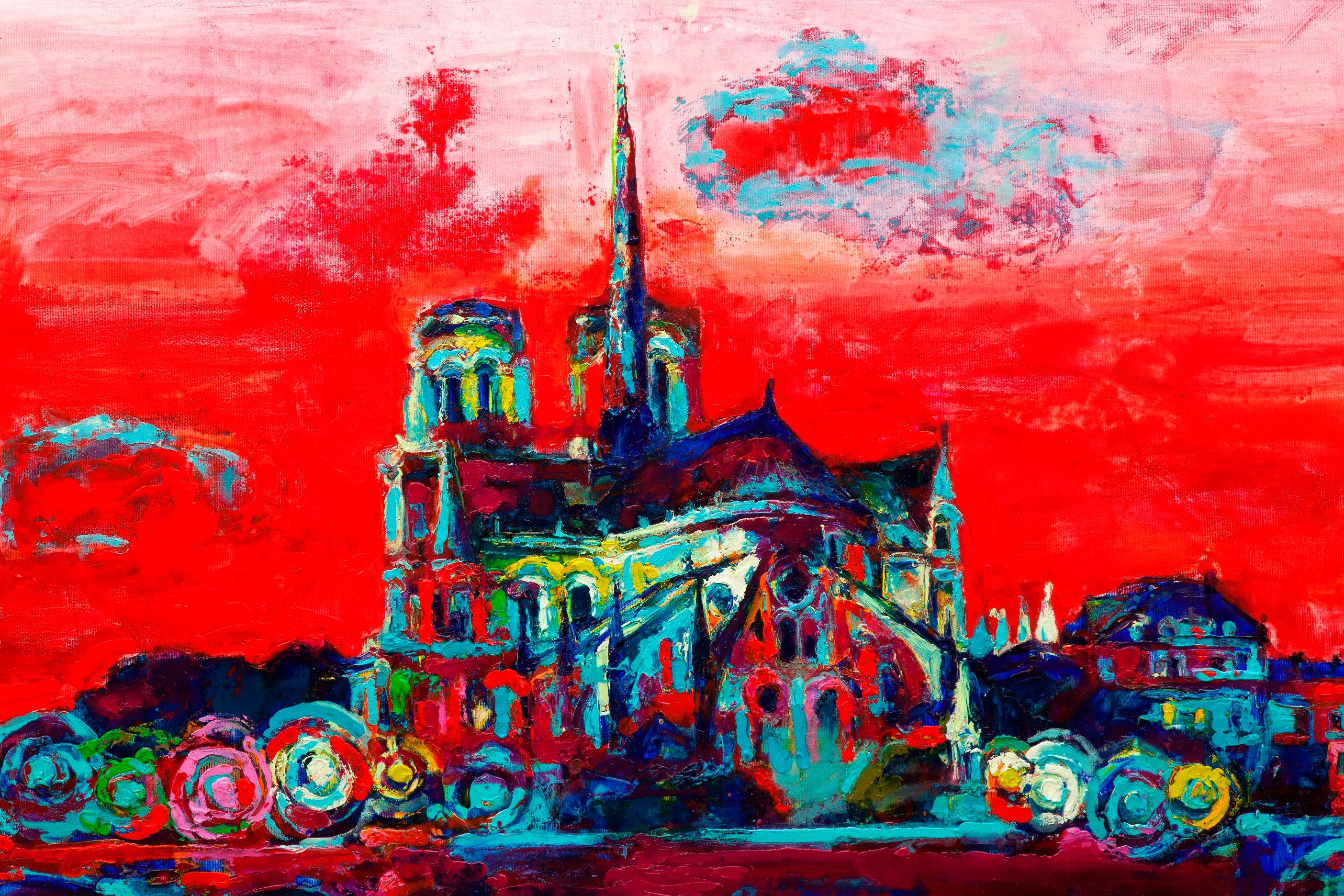 Notre Dame De Paris - Landschaftsgemälde Ölfarben Rot Gelb Weiß Blau Schwarz – Painting von Maria Raycheva