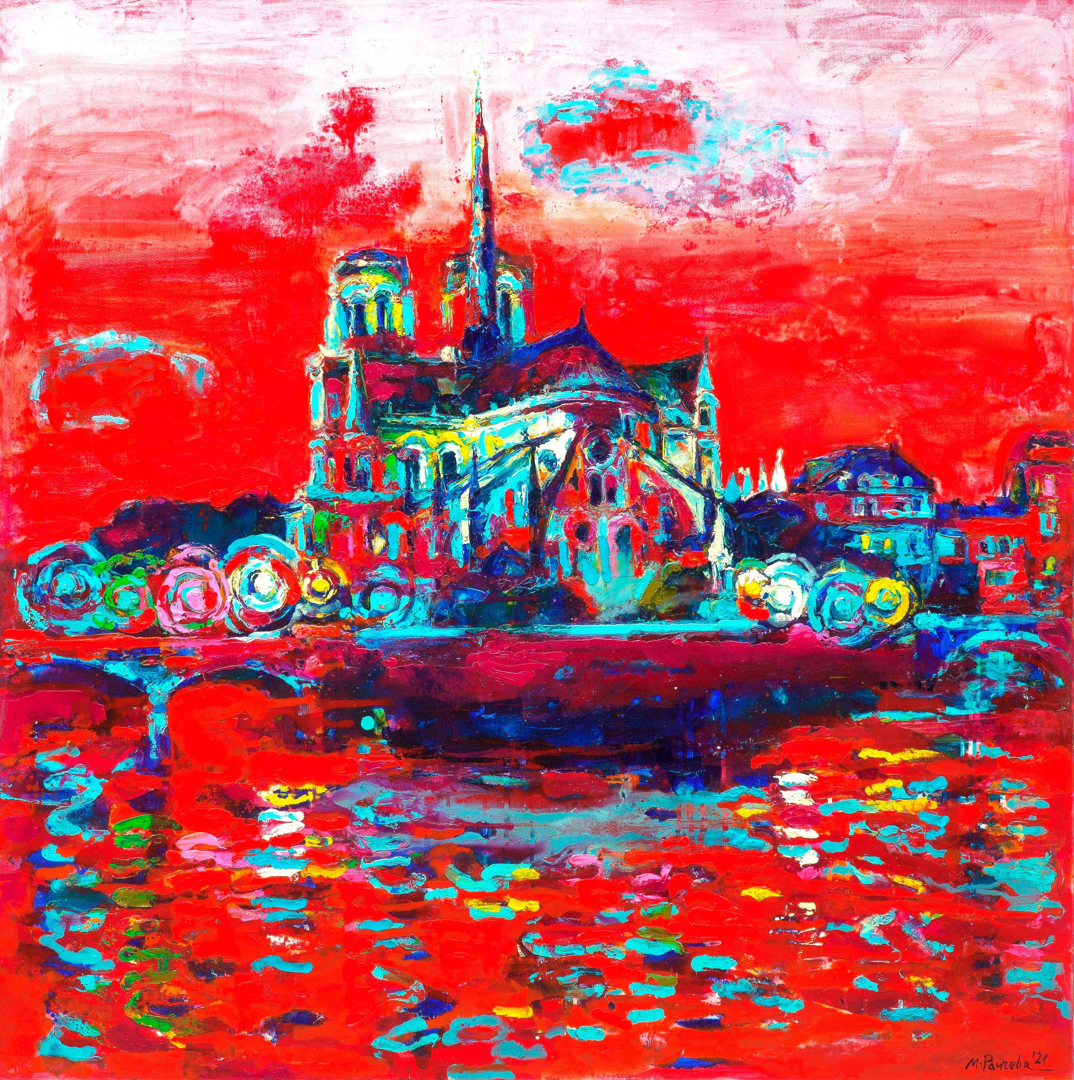 Notre Dame De Paris - Landscape Painting Oil Colors Red Yellow White Blue Black