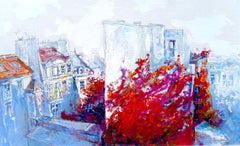 Paris in Autumn - Landscape Painting Oil Colors Red Yellow White Blue Black