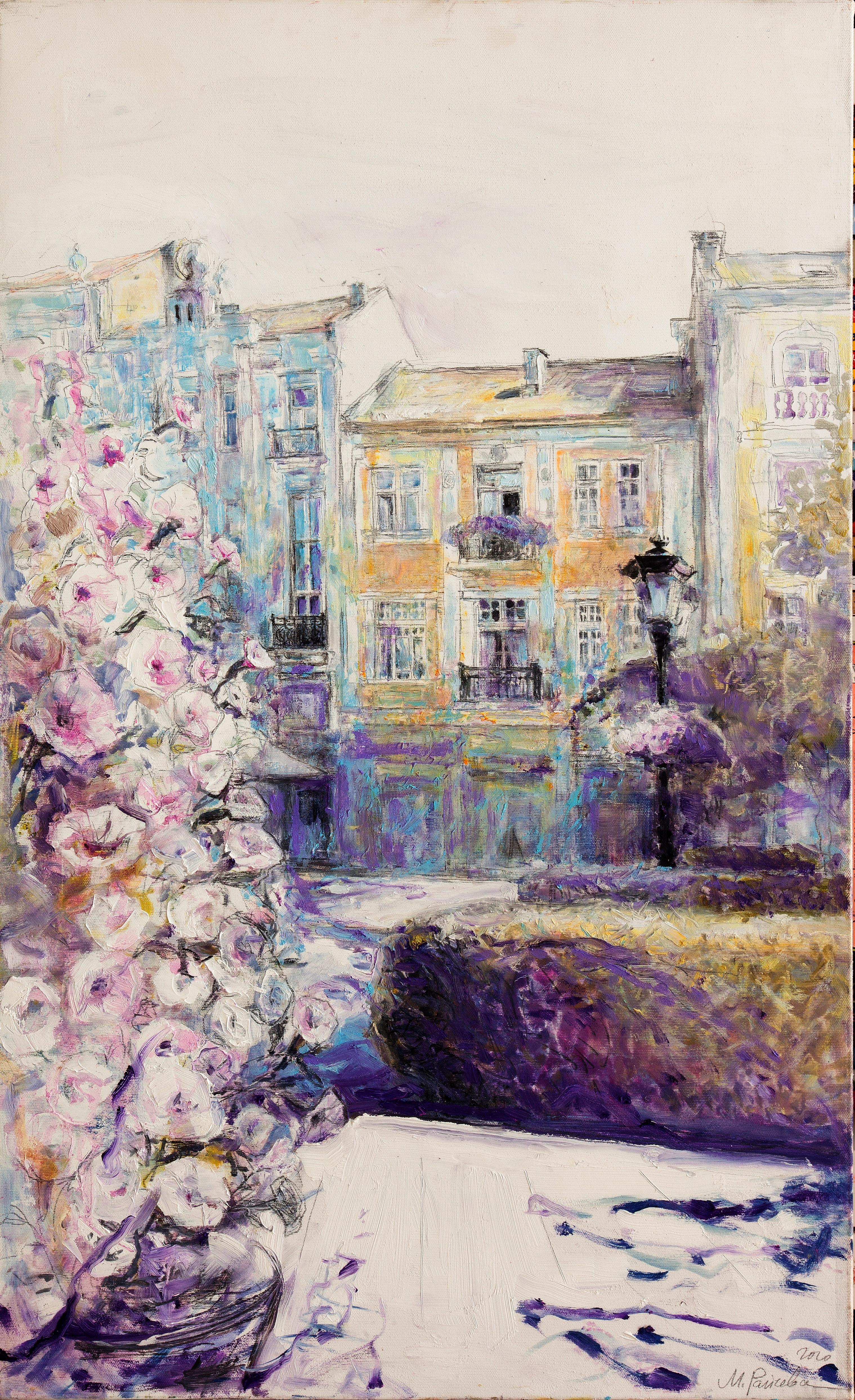 Maria Raycheva Landscape Painting - Plovdiv Autumn Flowers - Painting Oil Color Yellow White Grey Blue Purple