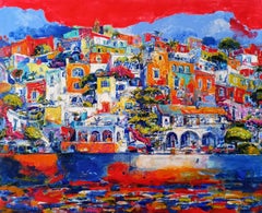 Positano, Italien – Öl-Landschaftsgemälde in den Farben Rot, Weiß, Blau, Gelb und Elfenbein