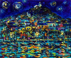San Remo - Italy By Night Landscape Painting Oil Yellow White Blue Black Orange