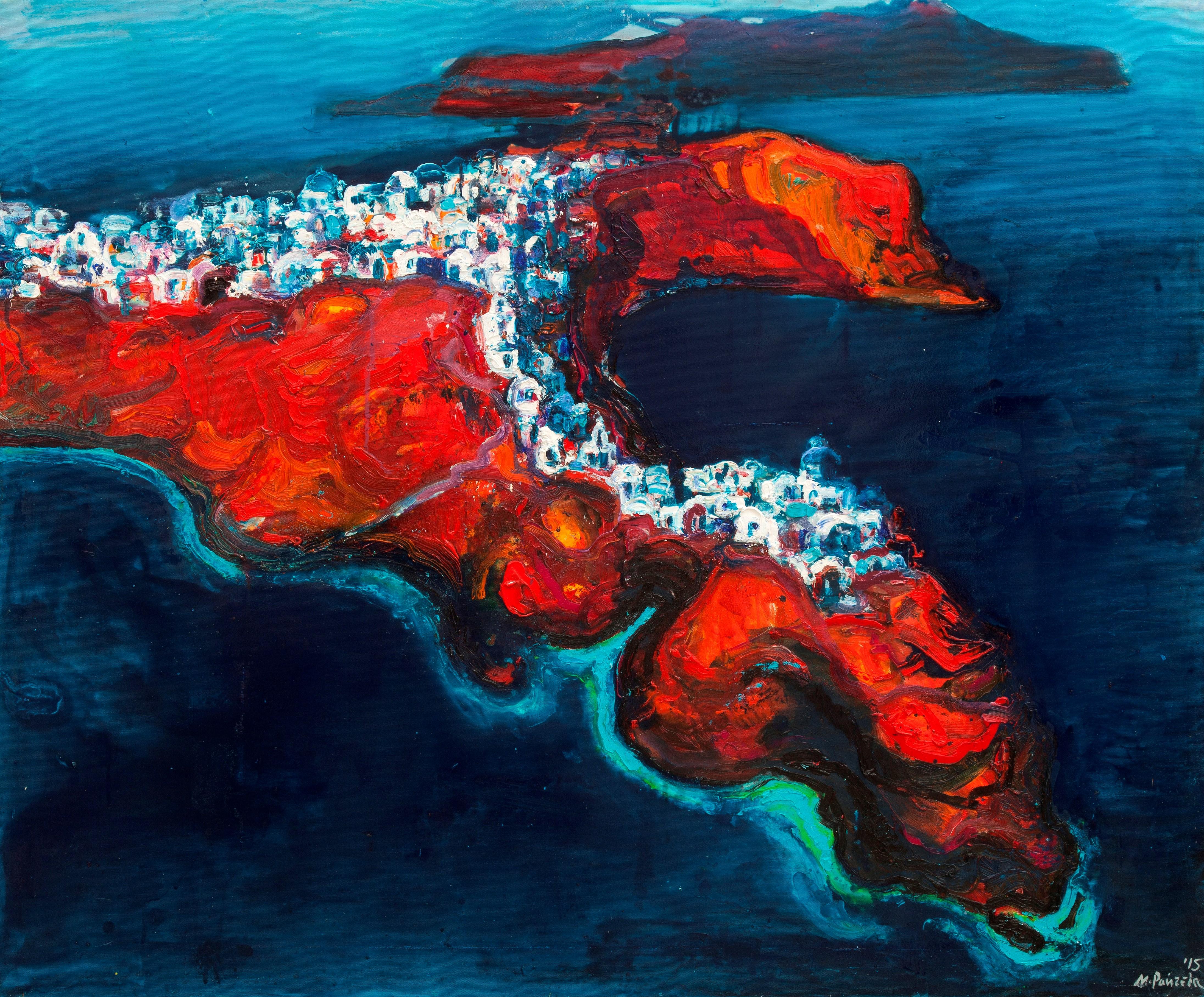 Landscape Painting de Maria Raycheva - Santorini II - Pintura al Óleo Paisaje Colores Rojo Blanco Azul