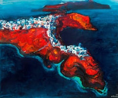 Santorini II – Öl-Landschaftsgemälde in den Farben Rot, Weiß und Blau 
