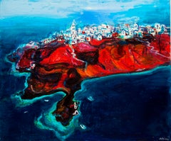 Santorini Island - Oil Landscape Painting Colors Red White Blue 