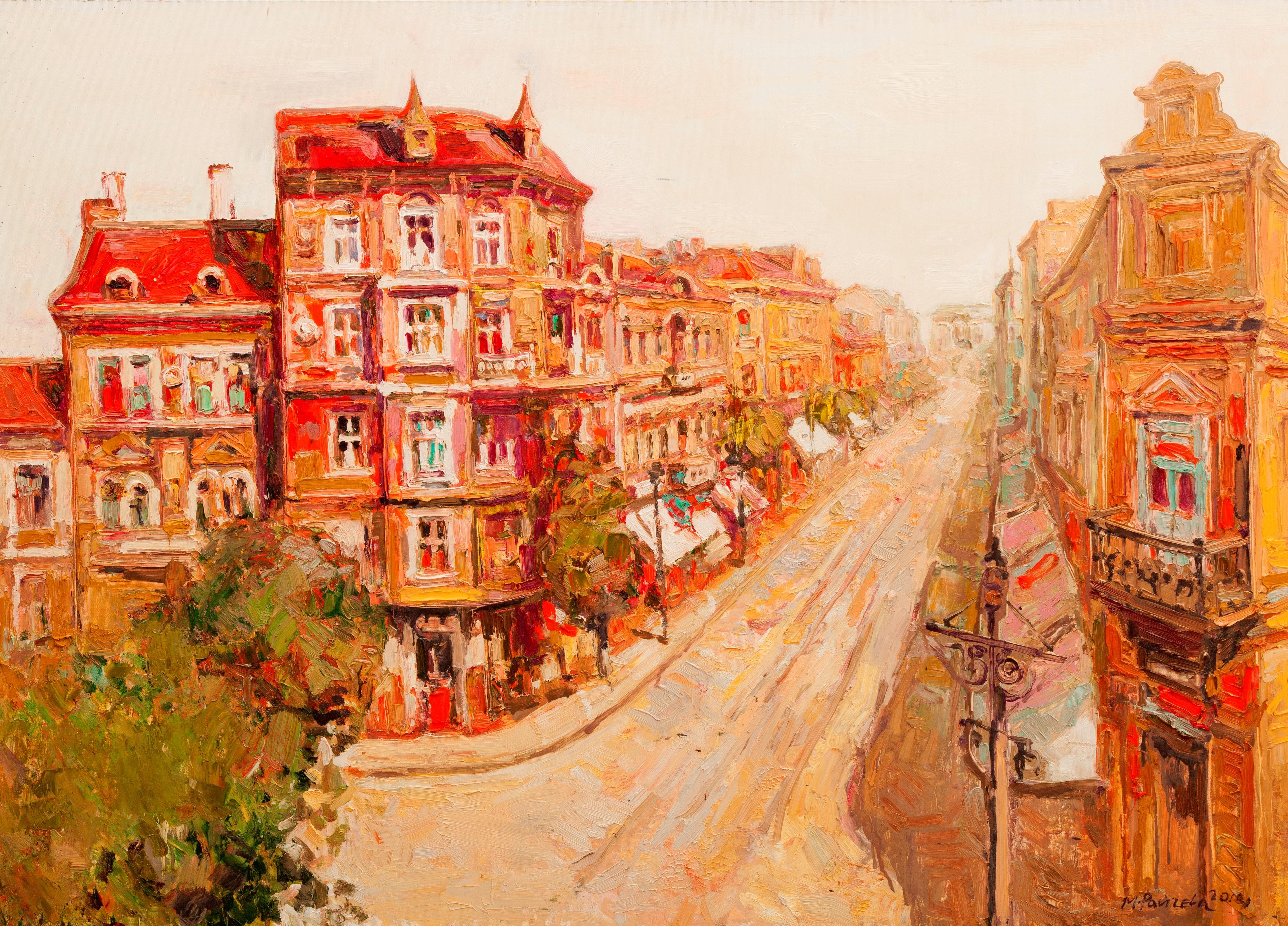 Maria Raycheva Landscape Painting – Sofia Boulevard - Landscape Oil Painting Colors Red Orange White Brown Pink