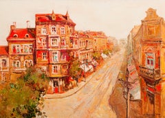 Sofia Boulevard - Landscape Oil Painting Colors Red Orange White Brown Pink