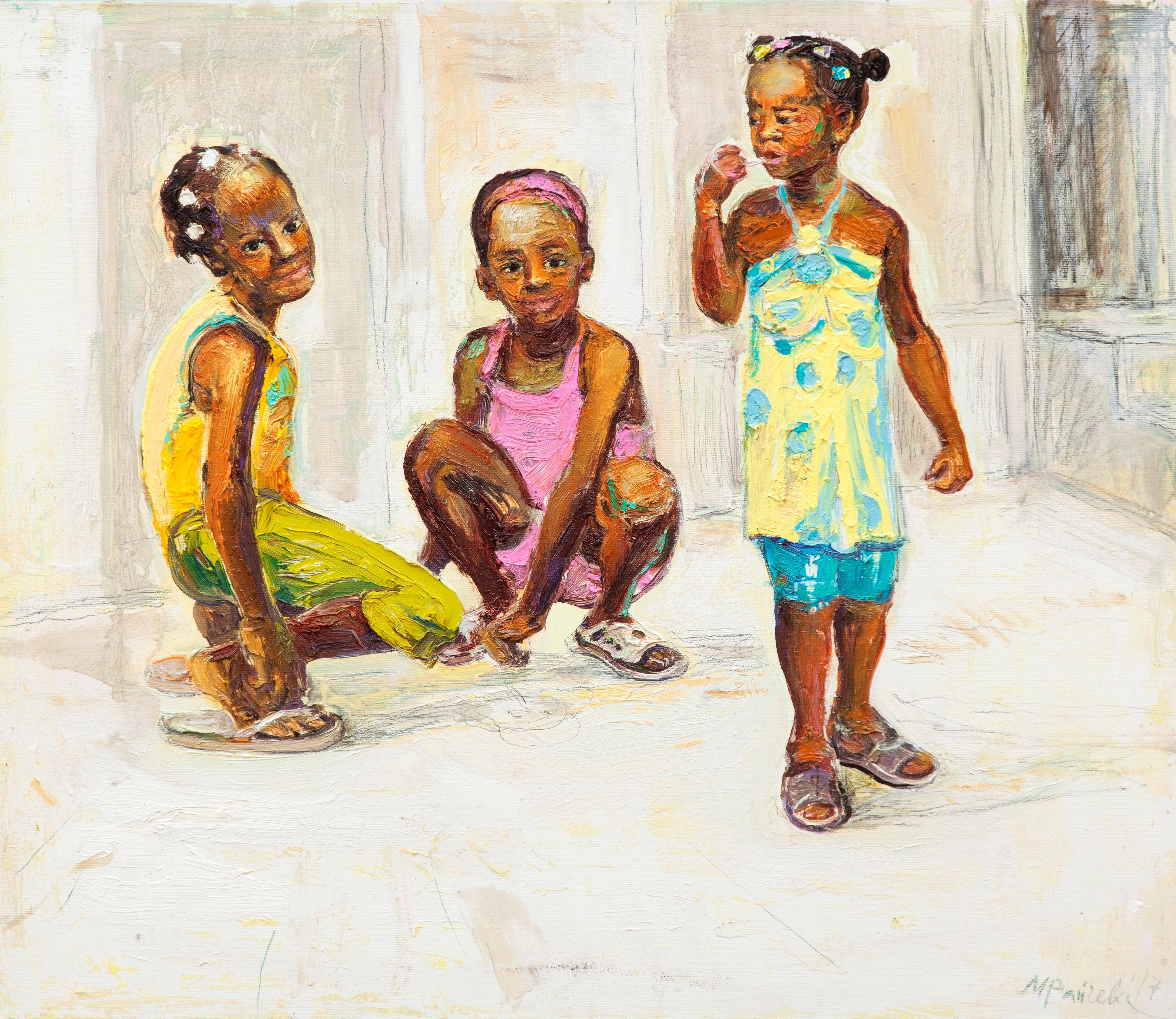 Maria Raycheva Figurative Painting - The Children Of Havana I - Oil Painting Colors Red Yellow White Blue Brown Pink